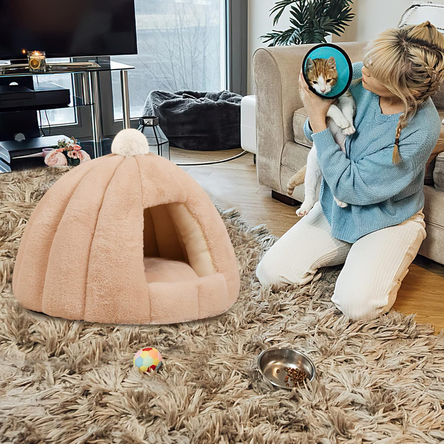 Galat&eacute;e Cat Cave Bed, Washable Cat Cushion Bed with Non-Slip Base, Pet Bed with Removable Washable Inner Cushion, Soft and Cosy Plush Cat Igloo (M, Blue) image number 6