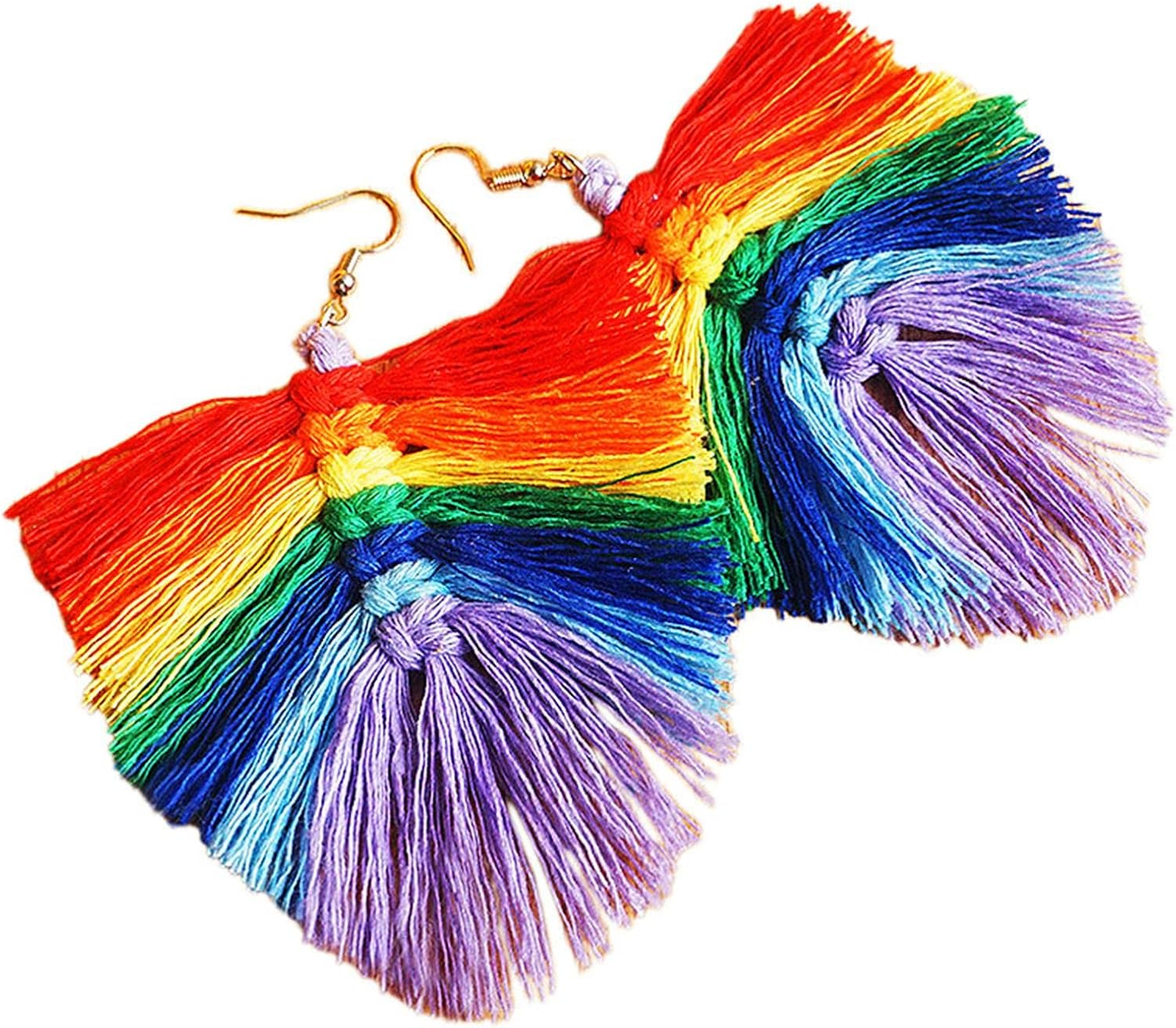 Bohemian Handmade Braid Tassel Dangle Earrings Colorful Rainbow Wooden Tassel Dangle Earrings for Women Girls Jewelry