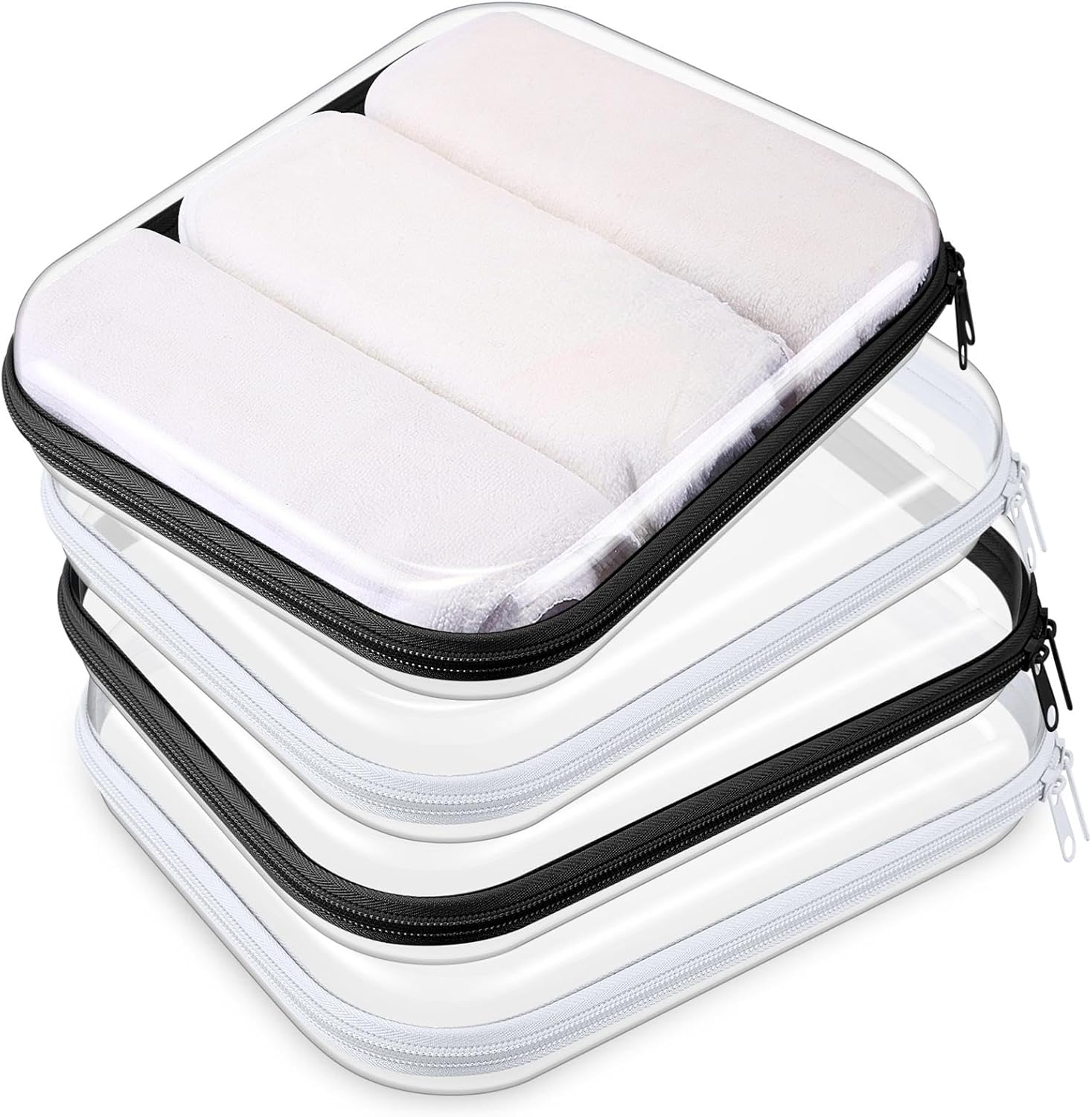 Hoolerry 4 Pcs Hard Clear Zipper Case Makeup Bags Plastic Pencil Pouch Transparent Storage Box Containers for Cosmetics, Snacks, Building Blocks, Puzzles(Black and White,7.5 X 3.9 X 2 In)