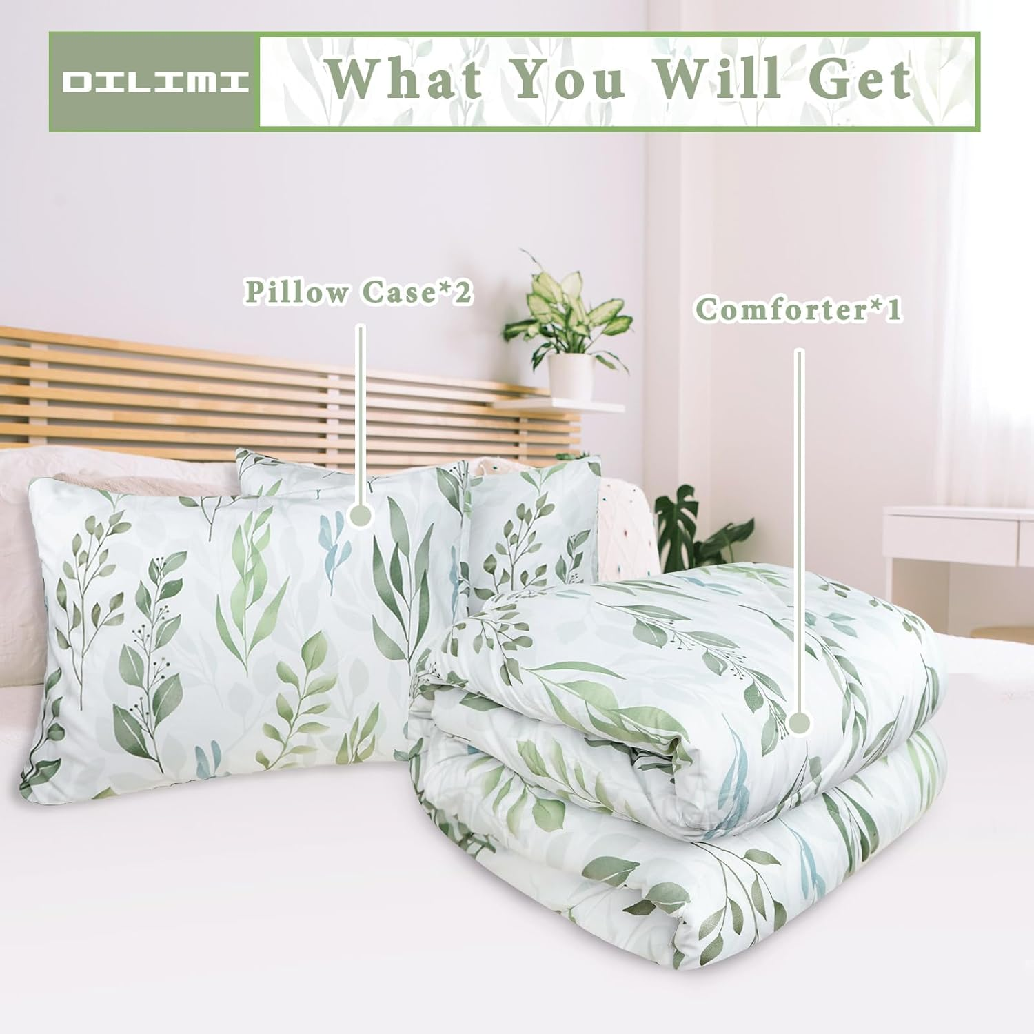 DILIMI King Size Comforter Set, 3 Pieces King Comforter Set, Reversible Green Comforter King, Ultra Soft and Fluffy Bedding Comforter Sets with Comforter, 2 Pillowcase image number 4