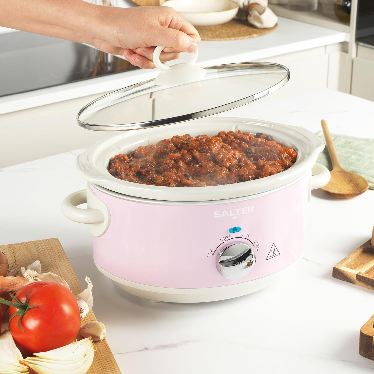 Salter Retro Pink 3.5L Slow Cooker - 3 Heat & Keep Warm Settings, Dishwasher Safe Ceramic Cooker, Tempered Glass Lid, Cold Touch Handles, Kitchen image number 4