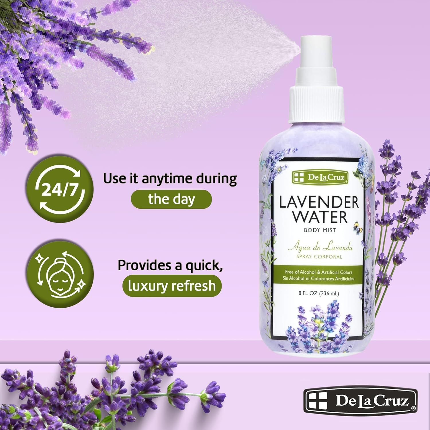 De La Cruz Lavender Water Body Mist - Lavender Spray Body Mist with Pure Lavender Essential Oil 8 Fl Oz (236 Ml) image number 6