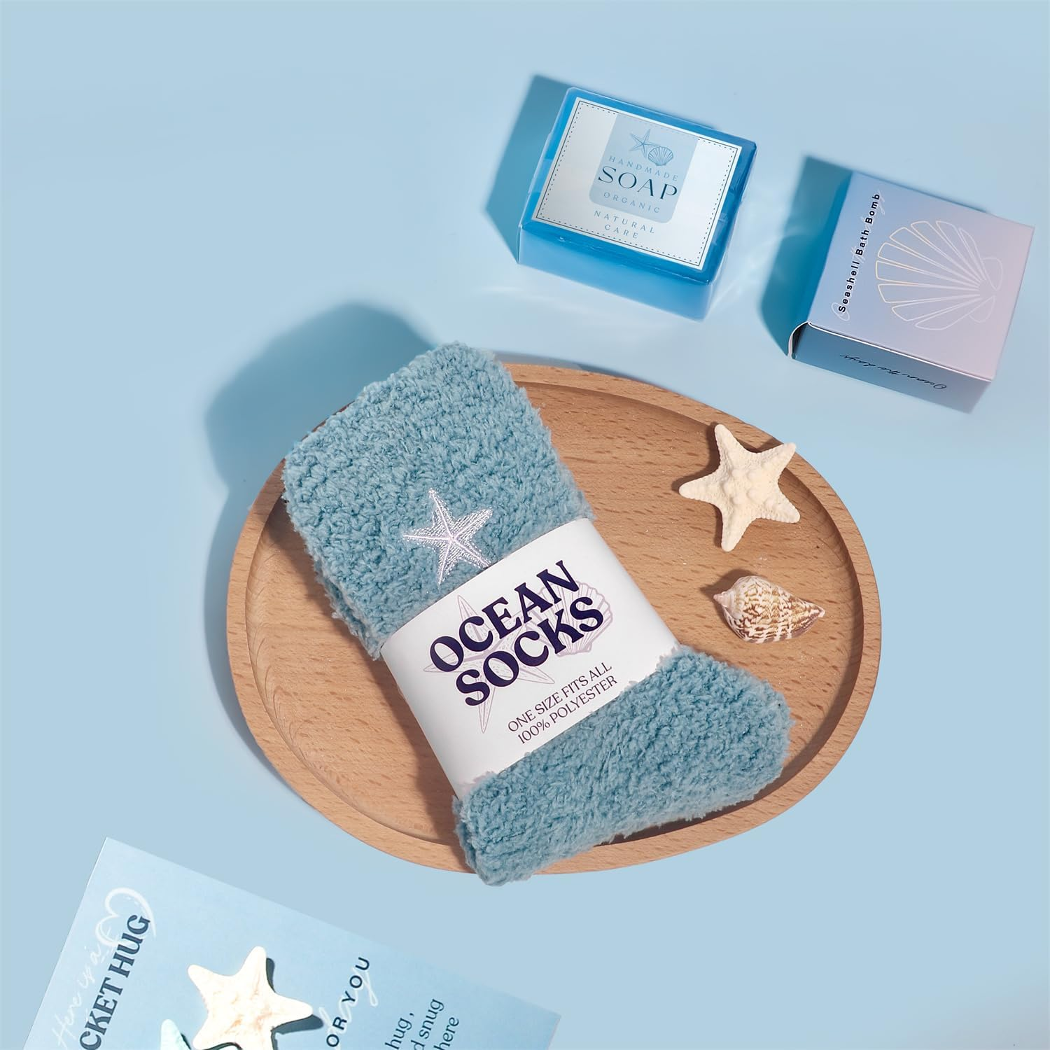 Birthday Gifts for Women,Ocean Themed Self Care Package Spa Gift Baskets Get Well Soon Gift Set with 40Oz Shell Tumbler, Soy Candle, Bath Bomb, Hair Towel, Fuzzy Socks, Soap, Blue image number 3