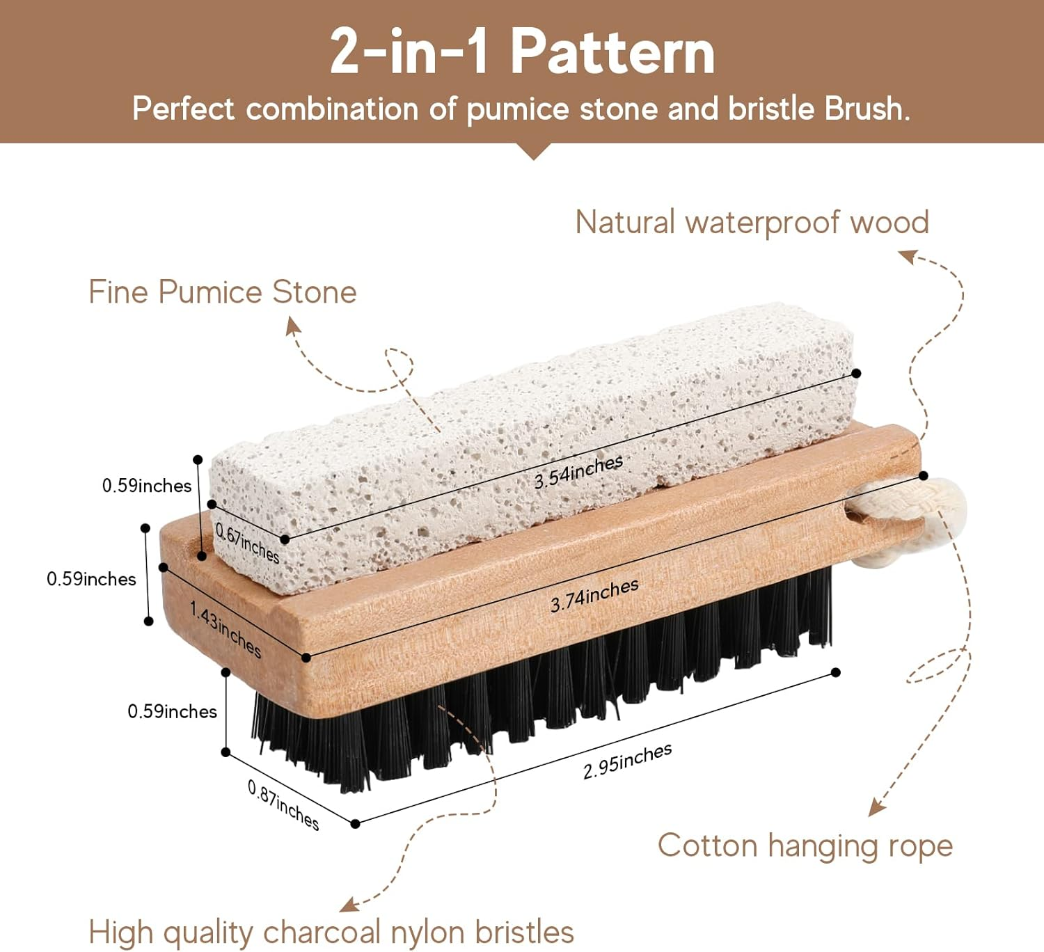 Foot Scrubber Brush with Pumice Stone for Feet Hands, Wooden Cleaning Fingernail Scrub Brush, Finger Toes Nails Cleaner Brushes with Stiff Bristles for Scrubbing Fingernails 2 in 1 Manicure Pedicure image number 5