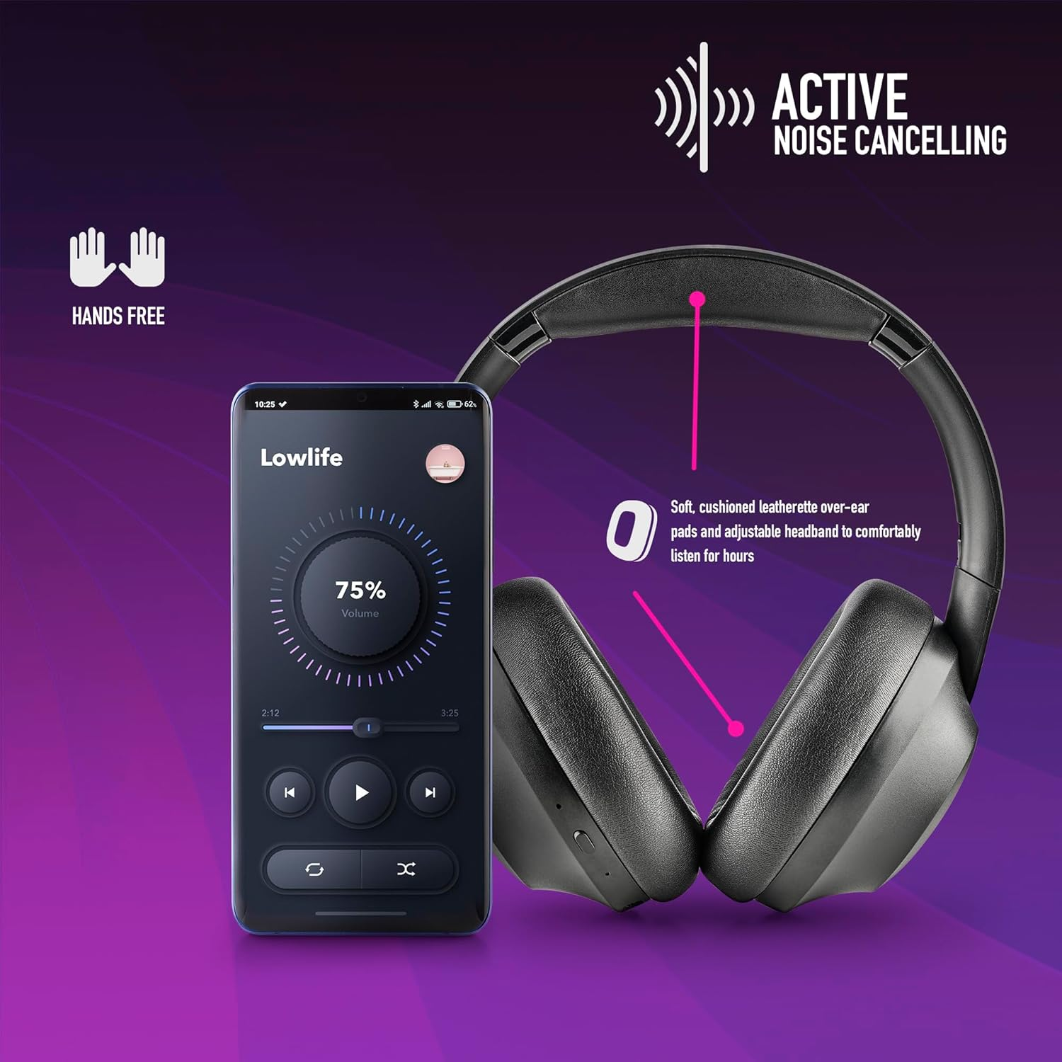 NGS Artica Shake Wireless Headphones, Bluetooth Compatible Headphones, Adjustable Headband, Swivel Earmuffs, ANC Noise Reduction Technology, Built-In Microphone, Black image number 3