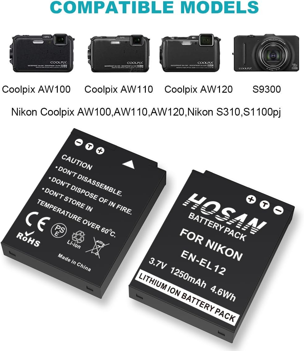 EN-EL12 Replacement Battery (2-Pack) and USB Charger for Nikon EN-EL12 and Nikon Coolpix A900 A1000 AW100 Aw100S AW110 Aw110S AW120 P330 P340 S310 S70 S610 S620 S630 S640 image number 3