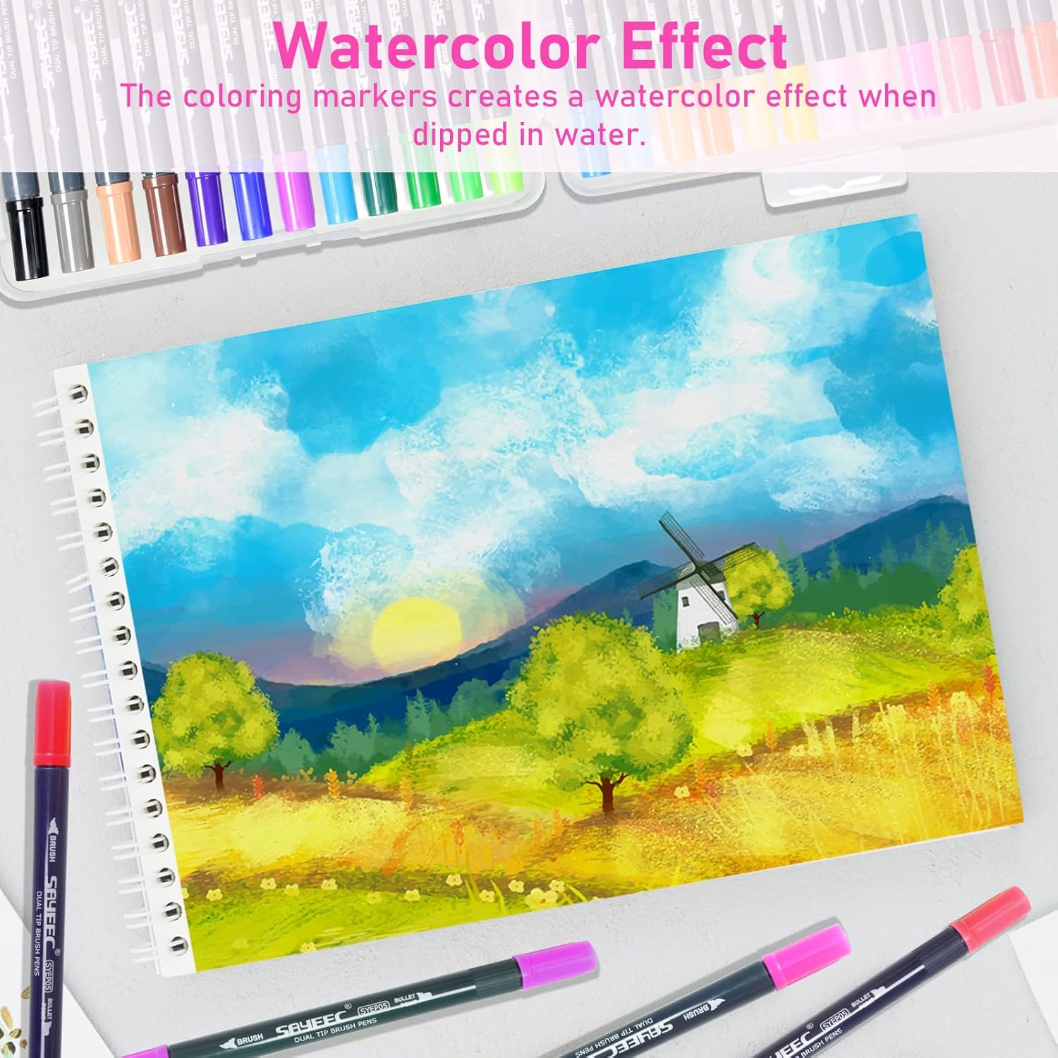 SAYEEC Watercolor Dual Brush Pens 24 Colors Art Coloring Markers Fine and Brush Tip Drawing Pens Artist Colored Markers for Adult Coloring Books Doodling Bullet Journaling Hand Lettering Calligraphy - 36 Pack image number 5