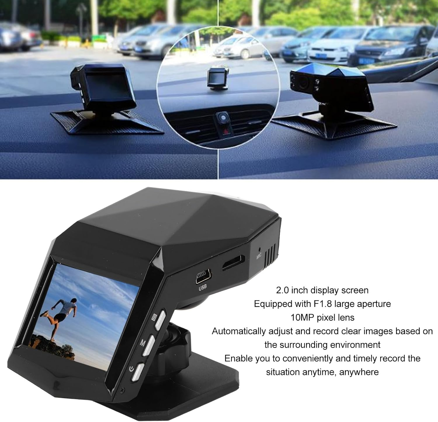 Car Dash Cam 10MP HD Lens 170 Wide Angle Night Vision WDR Loop Recording Parking Monitoring for Vehicles image number 3
