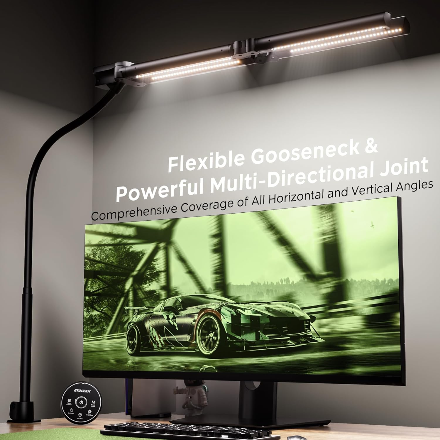 EYOCEAN Desk Lamp, Desk Lamp with 4 Light Sources, 24 W 100 Cm Daylight Lamp Desk with Remote Control, Dimmable Monitor Lamp, Gooseneck Office Table Lamp, Eye Protection PC Lamp