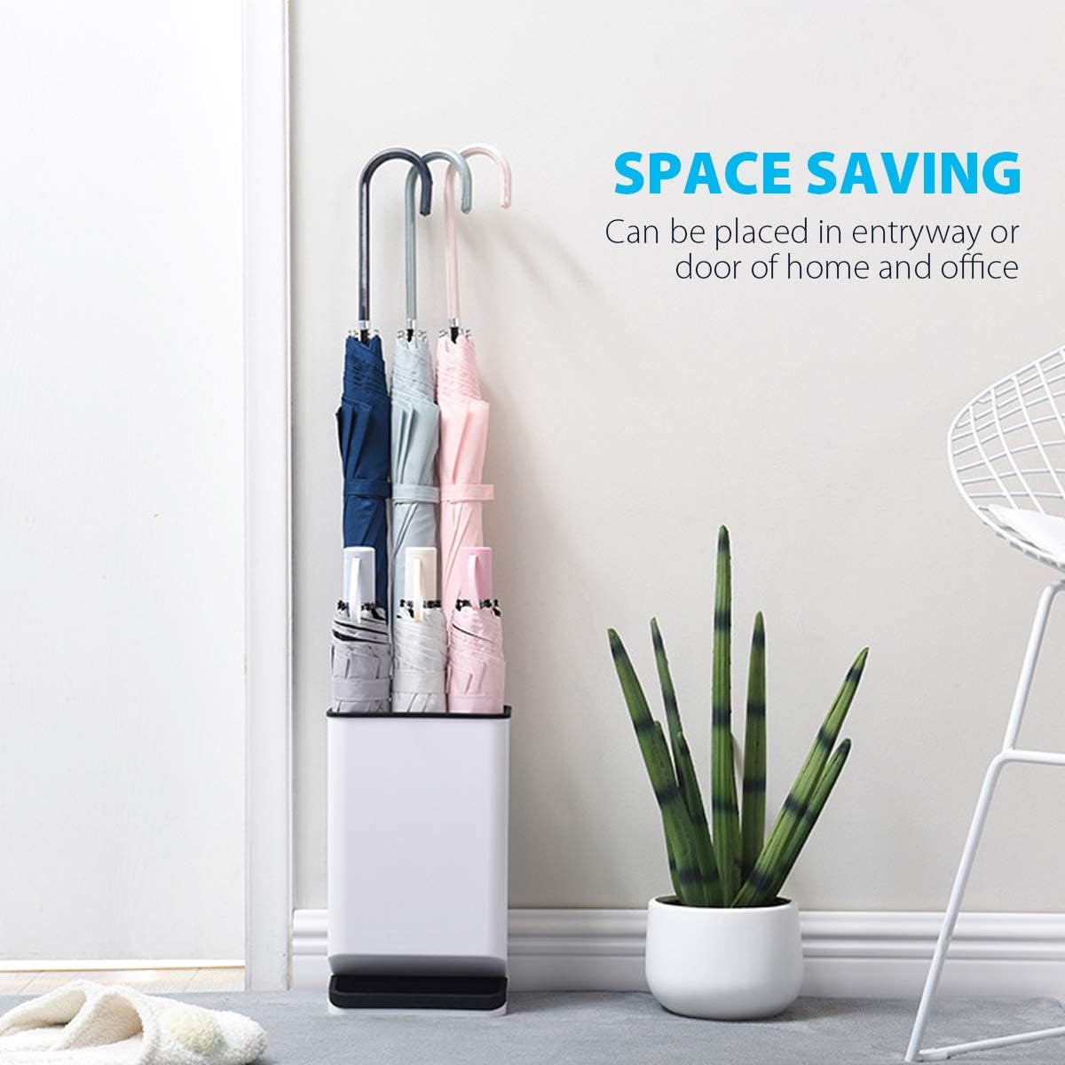 Dricroda Umbrella Stand Holder for Entryway, Umbrella Rack with Removable Drip Tray Free Standing Organizer for Umbrella Walking Sticks Canes, Stored 6 Umbrellas, Ideal for Home Office Decor, White - Black image number 2