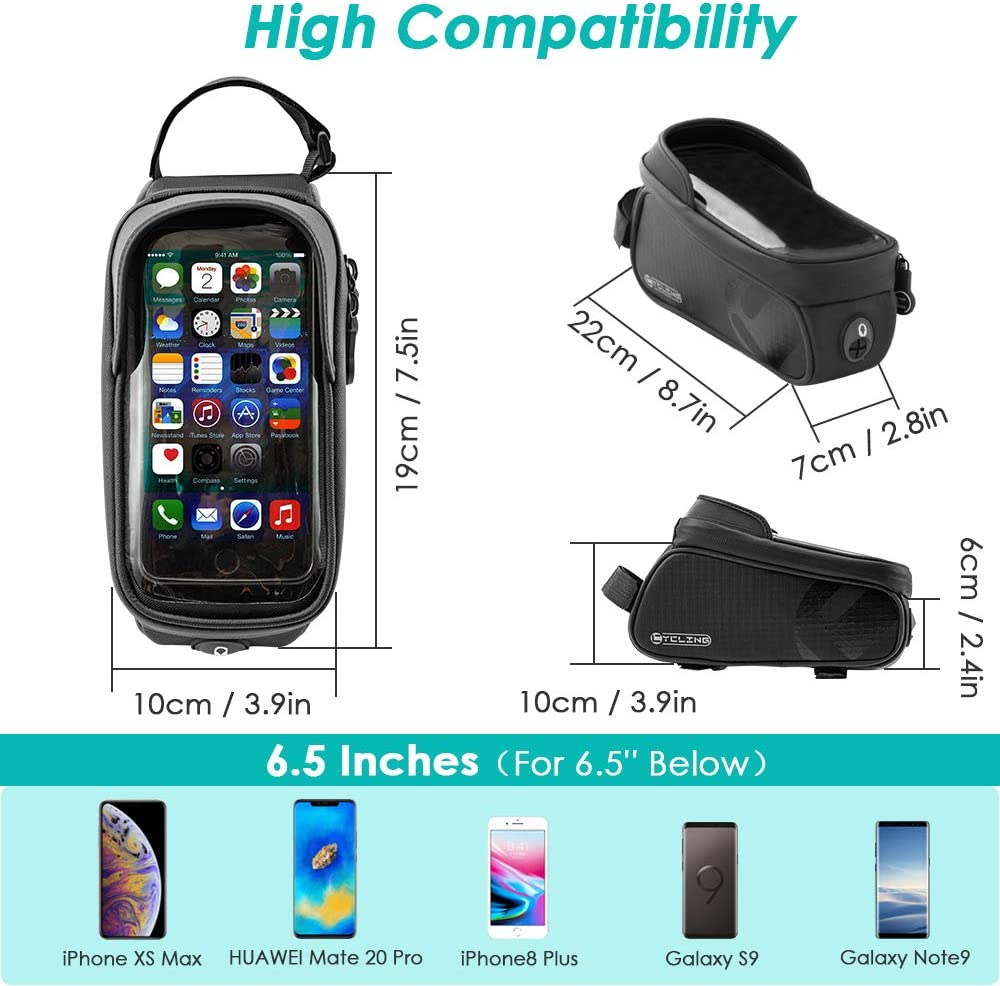WOTOW Bike Frame Bag with Phone Holder, Waterproof Bicycle Front Top Tube Pouch Bike Phone Mount Pack Cycling Handlebar Bag with TPU Touch Screen Sun Visor and Headphone Hole for Smart Phone up to 6.5