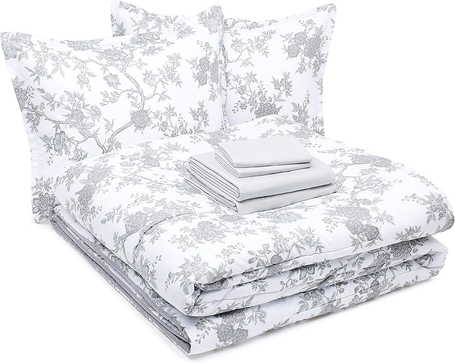 Amazon Basics 8-Piece Ultra-Soft Microfiber Bed-In-A-Bag Comforter Bedding Set - King, Grey Chinoiserie