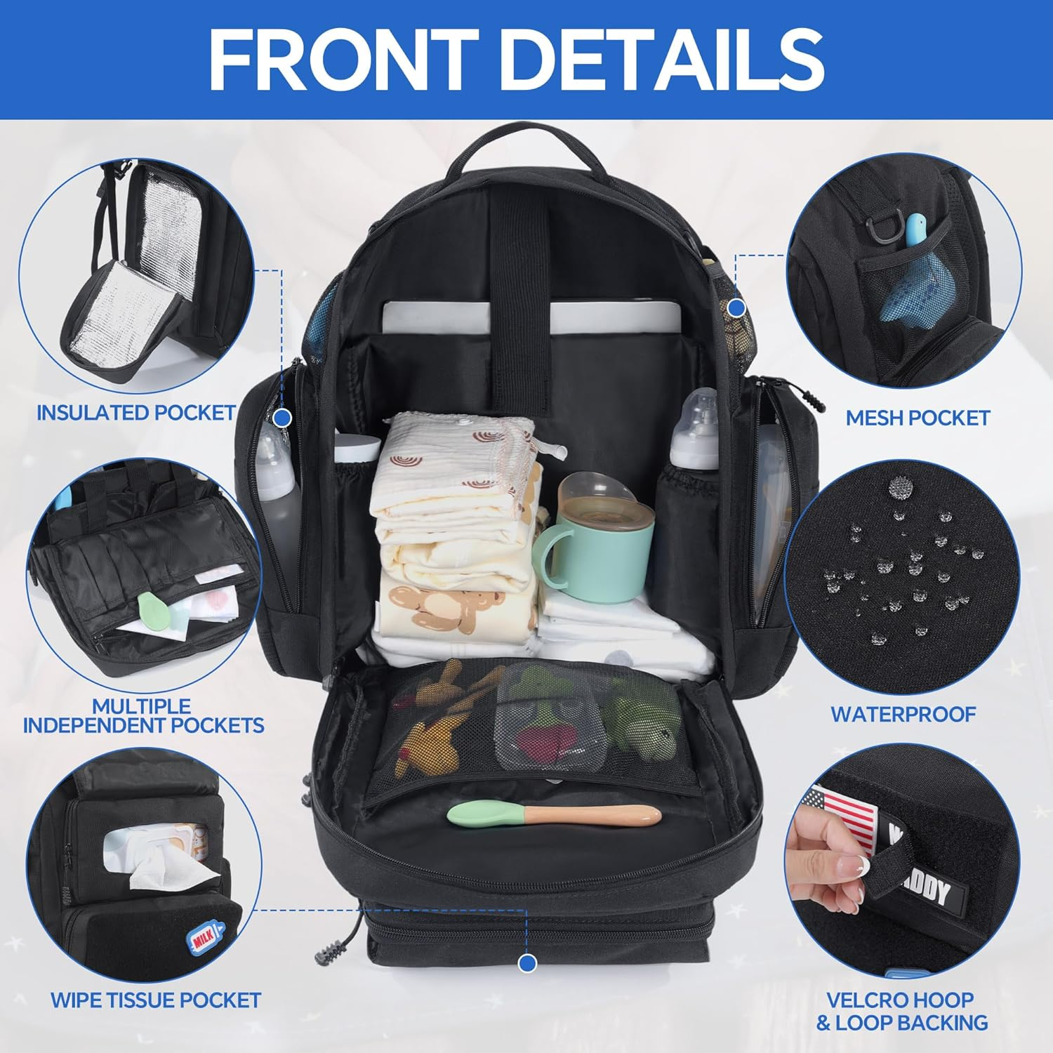 MABOZOO Black Military Dad Diaper Bag Backpack with Waterproof Changing Pad,Molle Style Mens Diaper Bag for Travel,Large Baby Backpack Bag with Insulated Bottle Holders