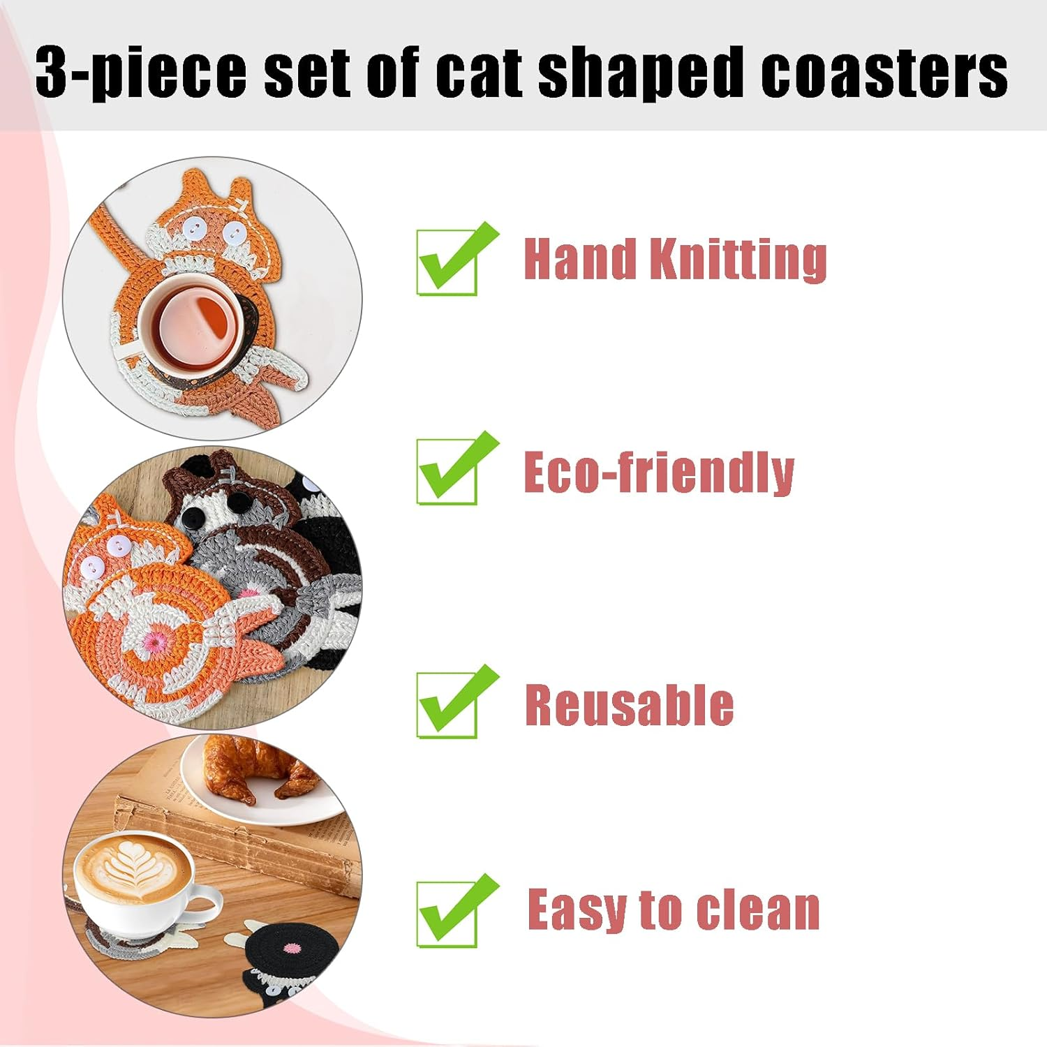 3PCS Cat Coaster Set - Creative Woven Cat Design Insulation Coasters for Coffee and Tea, Desktop Cat Lovers image number 2