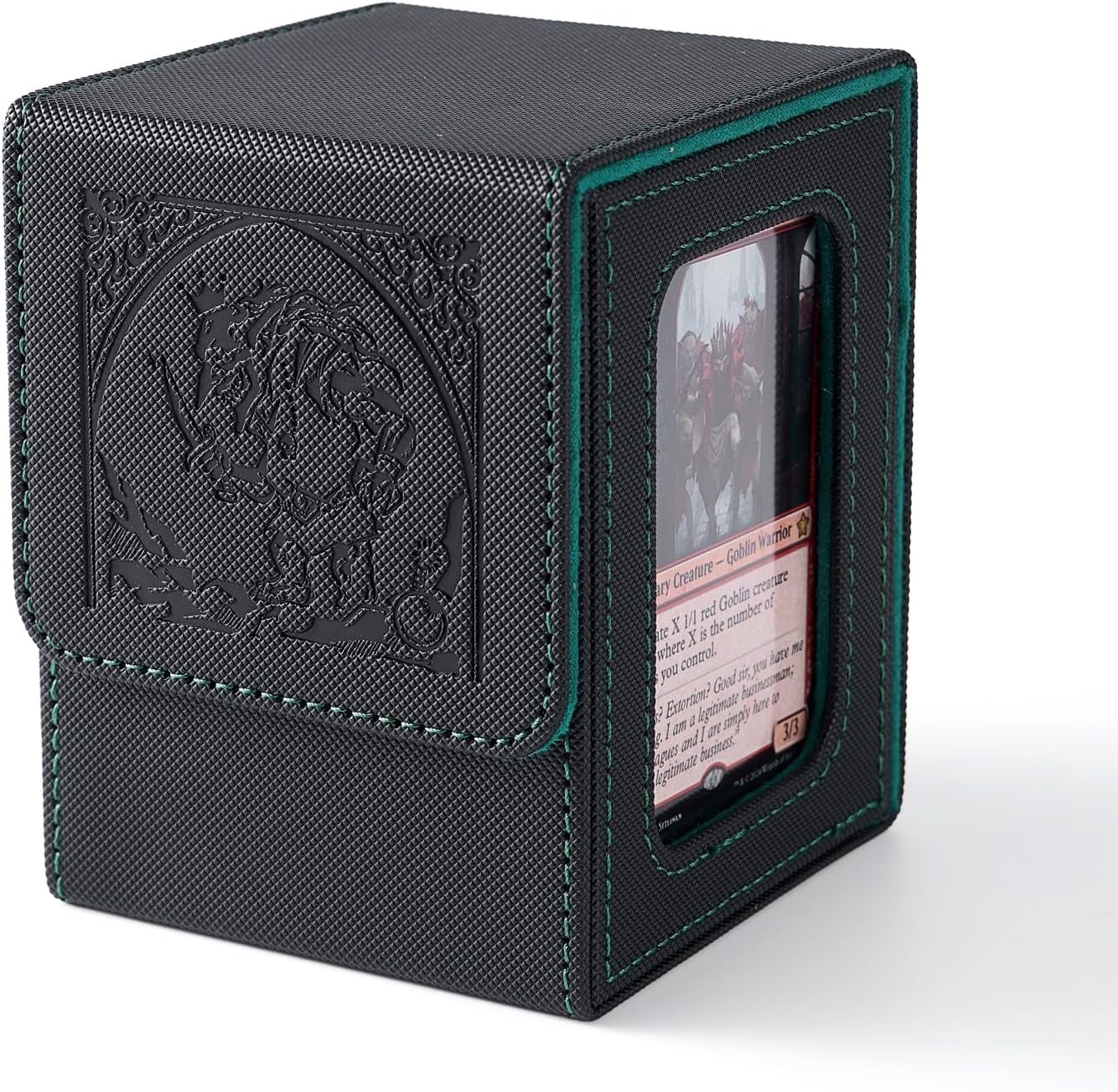 Venssu MTG Deck Box for Commander Display,Card Deck Box Fits 100 Double Sleeved Cards, TCG Card Storage Box with 2 Dividers and 1 Toploader (Black＆Blue) - Goblin