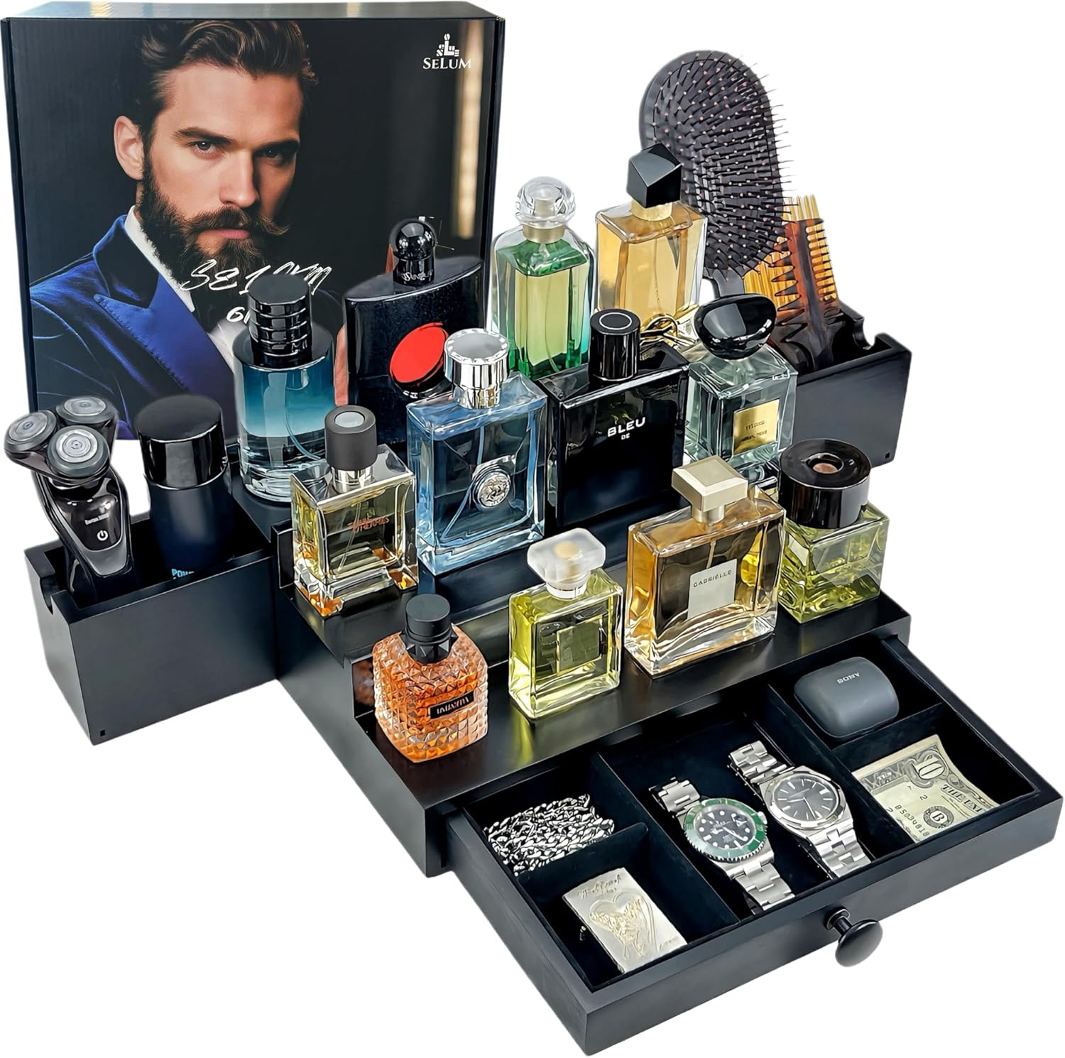 Classic Wooden Cologne Organizer for Men 3 Tier Black | High Grade Velvet Lining and Stylish Gift Box | Uncluttered Design Perfume Display Stand Gift Idea | SELUM image number 5