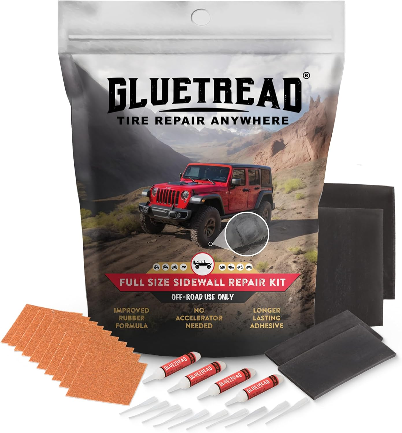 Gluetread 4X4 Sidewall Tire Repair Kit Full-Size | Sidewall Tire Patch Kit Puncture Repair Kit for Off-Road Vehicles | Improved Rubber Formula No Accelerator Needed 10 Minutes Curing Time image number 3