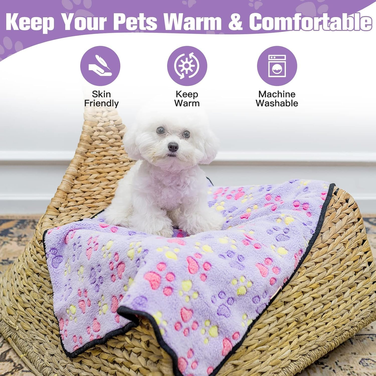 Fluffy Dog Blankets with Paw Print - Super Soft Warm Pet Blanket, Cozy Flannel Throw for Small Dog Cat Puppy Kitty, Sleep Bed Mat Cover (Purple, M:76 * 104CM) image number 1