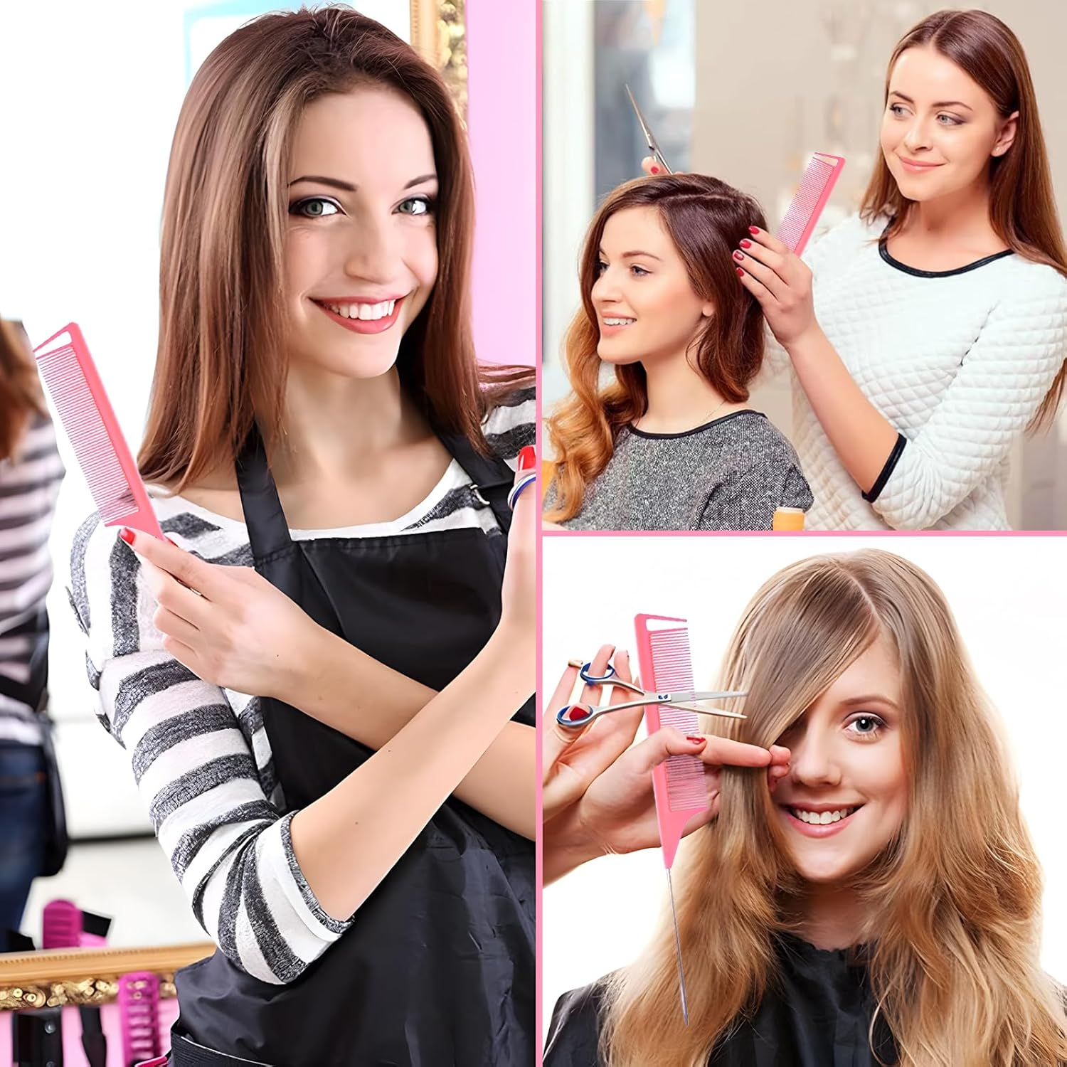 Debbery 3 Pcs Hair Brush Set, Slick Back Hair Brush Edges Brush, Back Combing Brushes, Rat Tail Comb Double Sided Edge Brush for Teasing Hair Slicking Brushing Combing Styling (Pink)