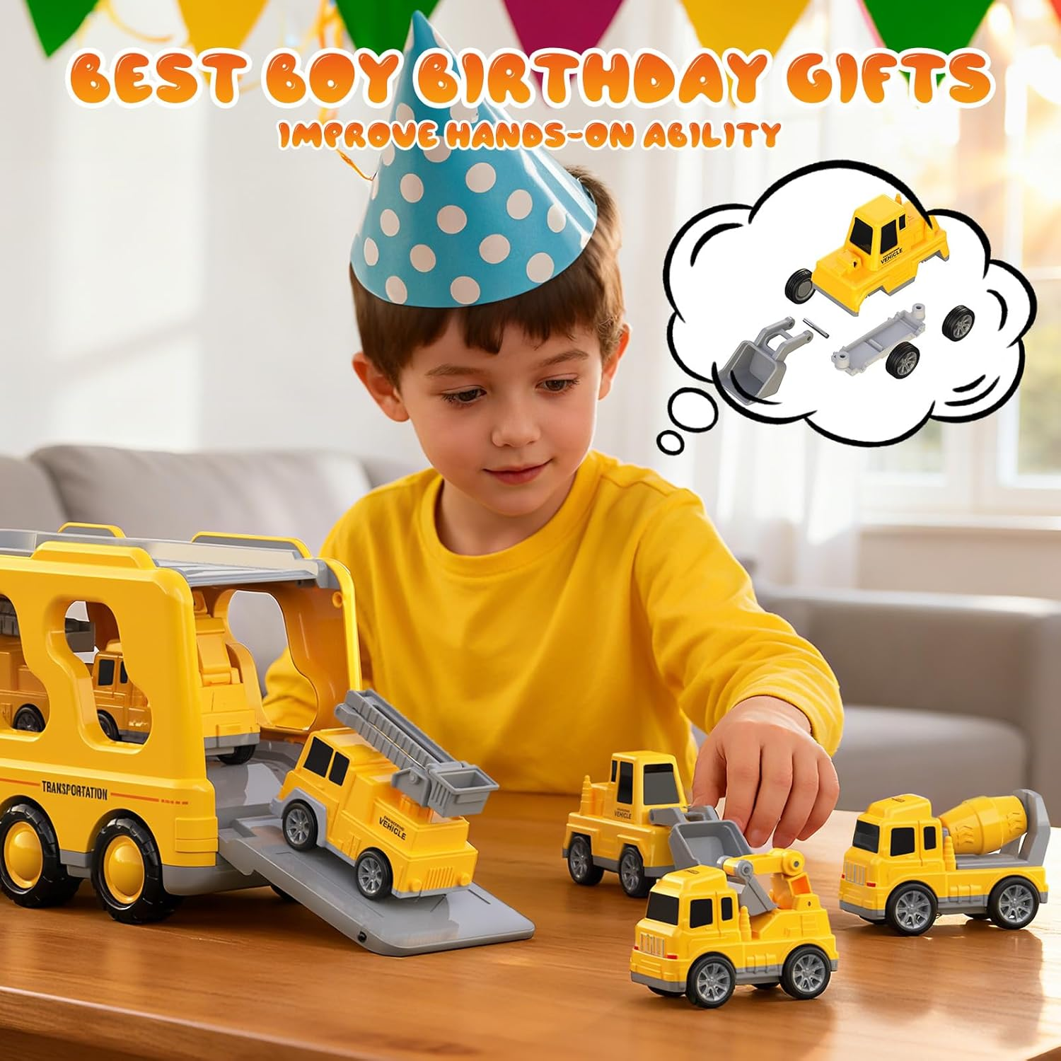 Skirtoy Construction Truck Toys Toddlers 3 4 5 6 7 Years Old,7 in 1 Truck Friction Power Toy Car with Light and Sound Transport Vehicle Carrier Truck, Car Toys Set for Boys & Girls 3-5 Years Old image number 4