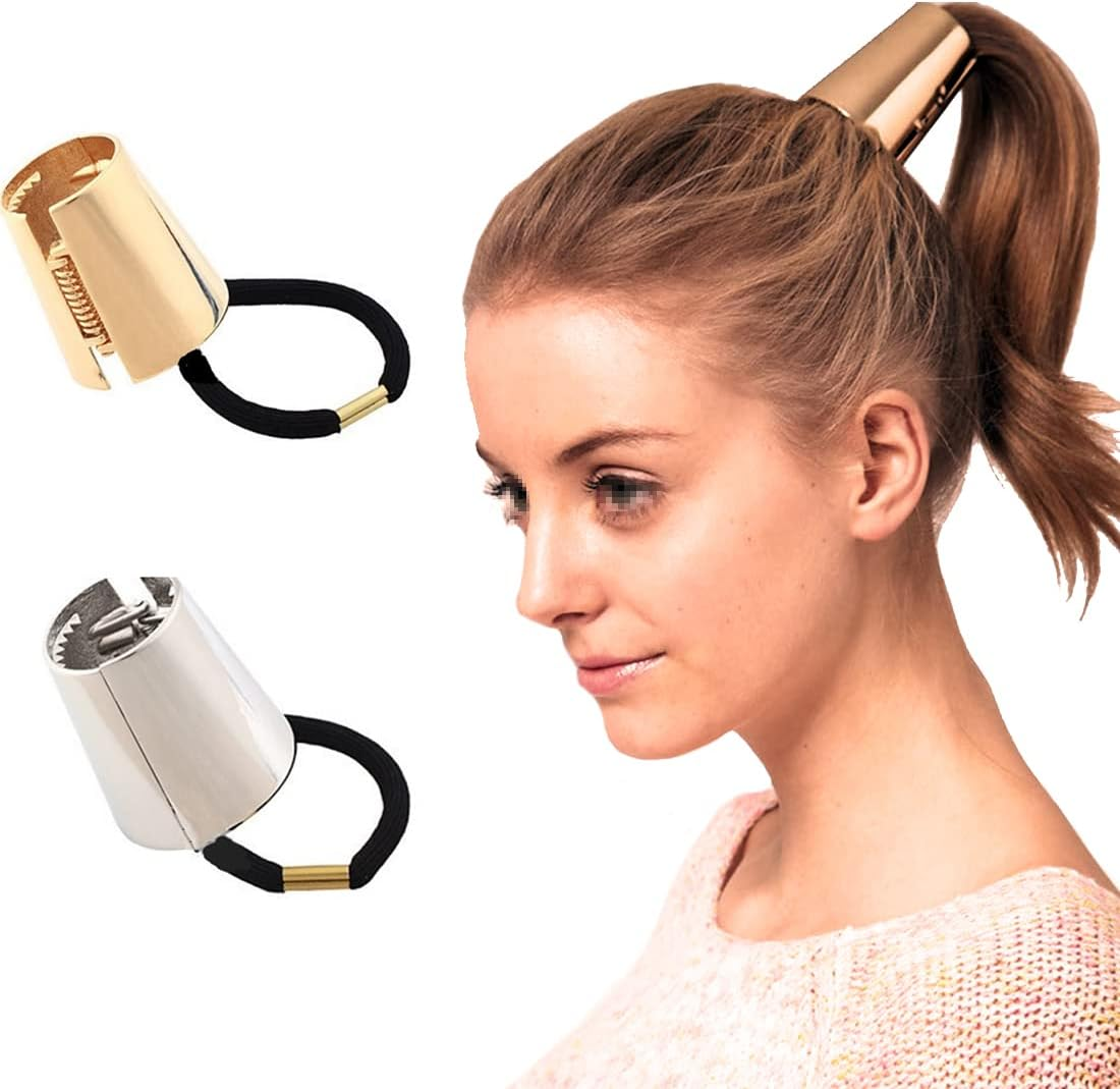 Ericotry 2 X Women Girls Metal round Ponytail Hair Cuff Elastic Hair Band Hair Accessories (Gold + Silver) image number 4