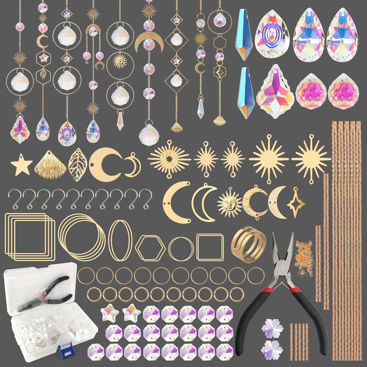 Nuyikaso 5Pcs Suncatcher Crystal Hanging Wind Chimes Rainbow Sun Moon Pendant Sun Catcher Balls for Window Home Garden Christmas Day Party Wedding Decor Gold