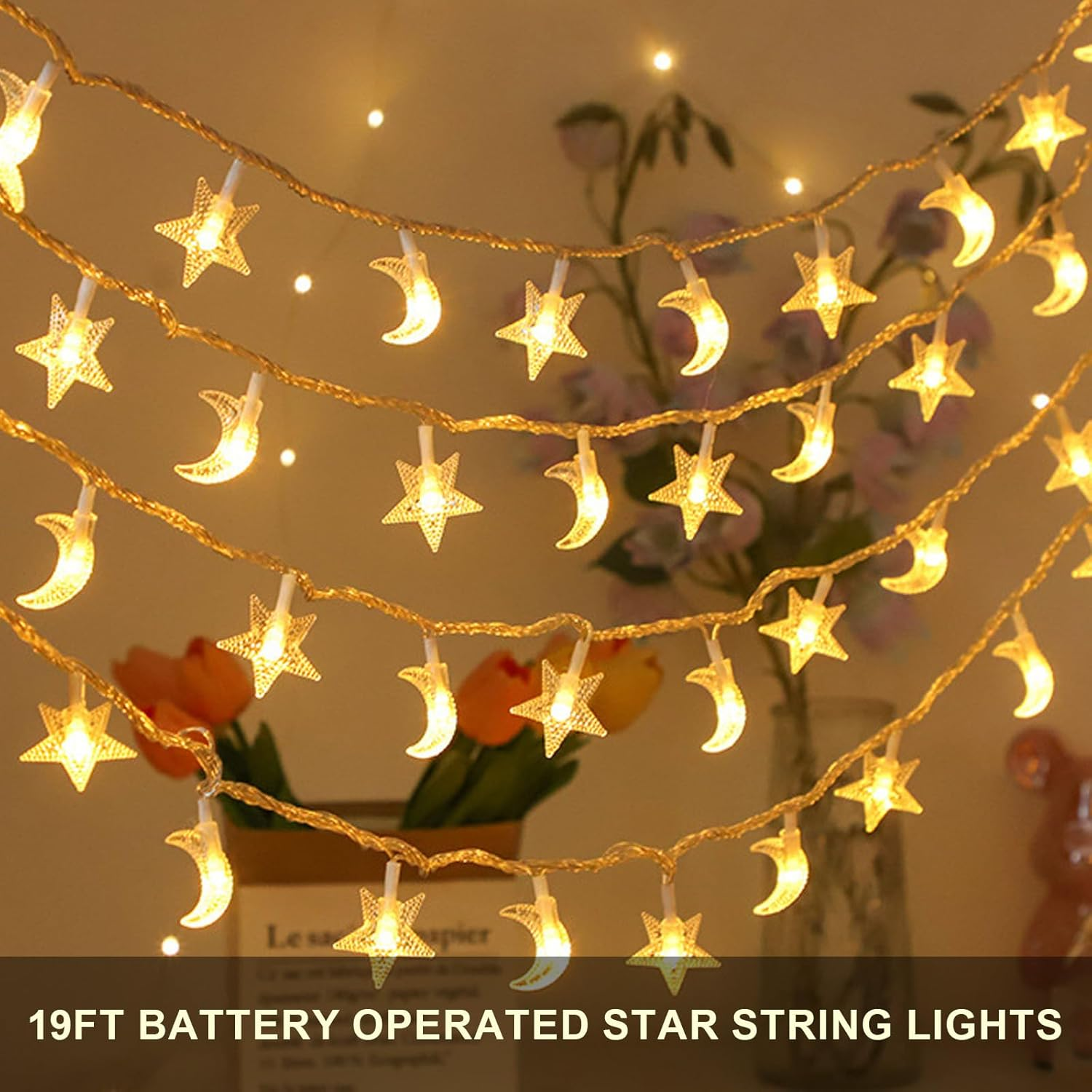 Christmas Star & Moon String Lights 20Ft 40 LED, Battery Operated Waterproof Fairy Lights for Indoor Outdoor Decor, Warm White Lights for Bedroom Wedding Patio Christmas Decor