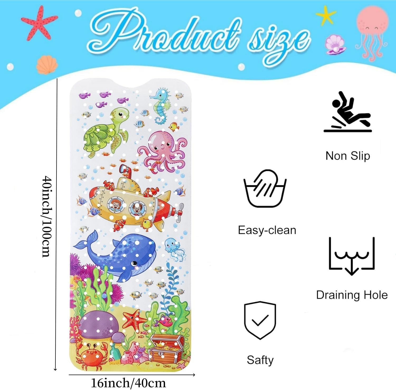 Bath Mats for Tub Kids,40X16 Inch Large Cartoon Non-Slip Bathroom Bathtub Kid Mat，Bath Mats with Suction Cups & Drain Holes,Machine Washable Bathroom Mats image number 3