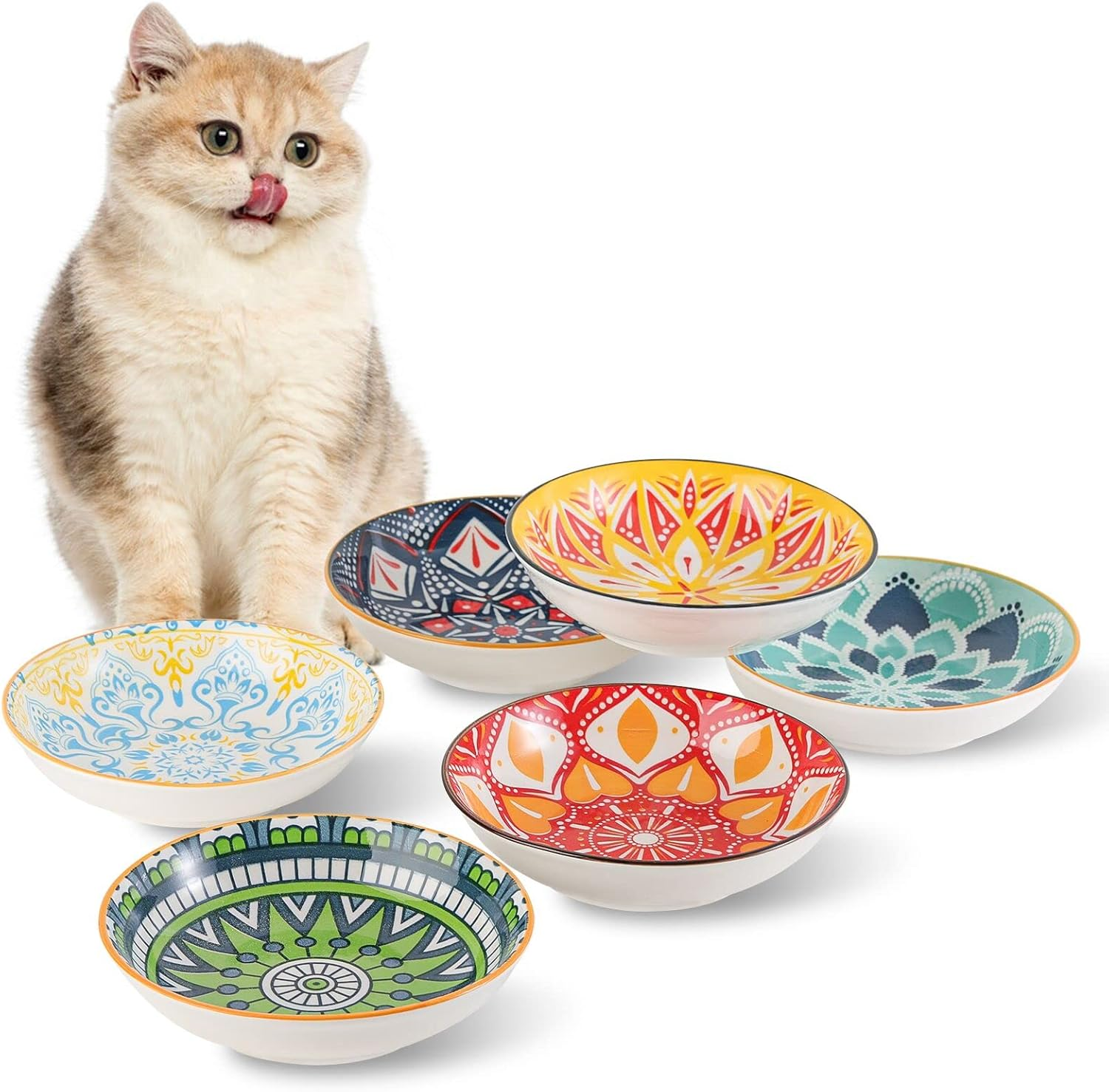 5.5 Inch Wide Shallow Cat Food Bowl Set for Relief Whisker Fatigue -Ceramic - 6 Colorful Cute Small Flat Kitten Feeding Dish/Dishes - Microwave and Dishwasher Safe - 8 Oz image number 4