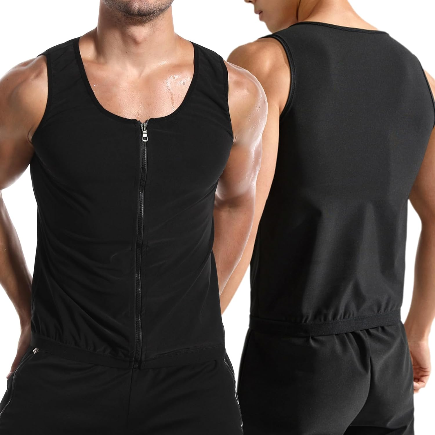 Men'S Sauna Vest with Zipper, PU Milk Silk Sweat Suit, Triples Sweating Boost Calorie Burn Sweat Suits for Weight Loss, Ideal for Fitness - Oriented Men (2XL/3XL) image number 5