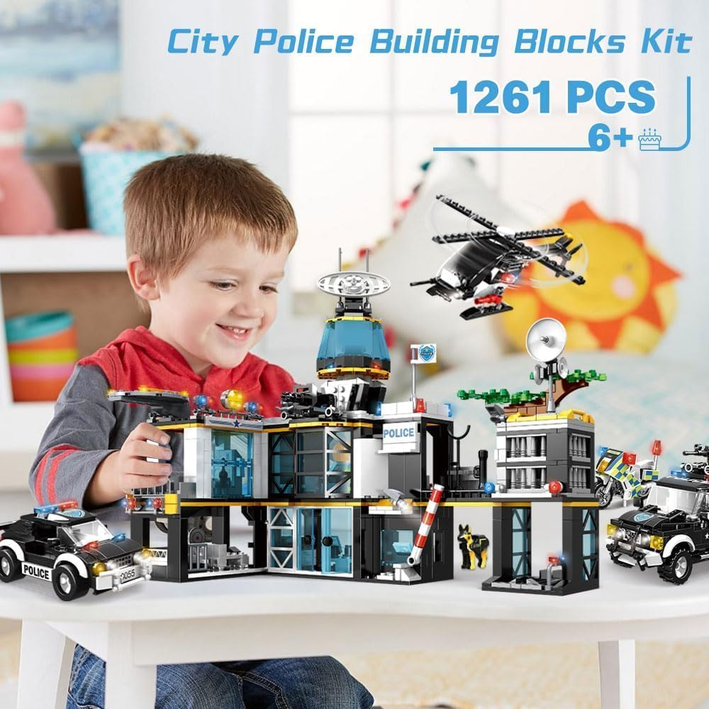 City Police Station Building Blocks Set, Police City Building Toys with Helicopter, Motorcycle, Police Cars, STEM Toys for Kids Age 6+, 1261 Pieces image number 1