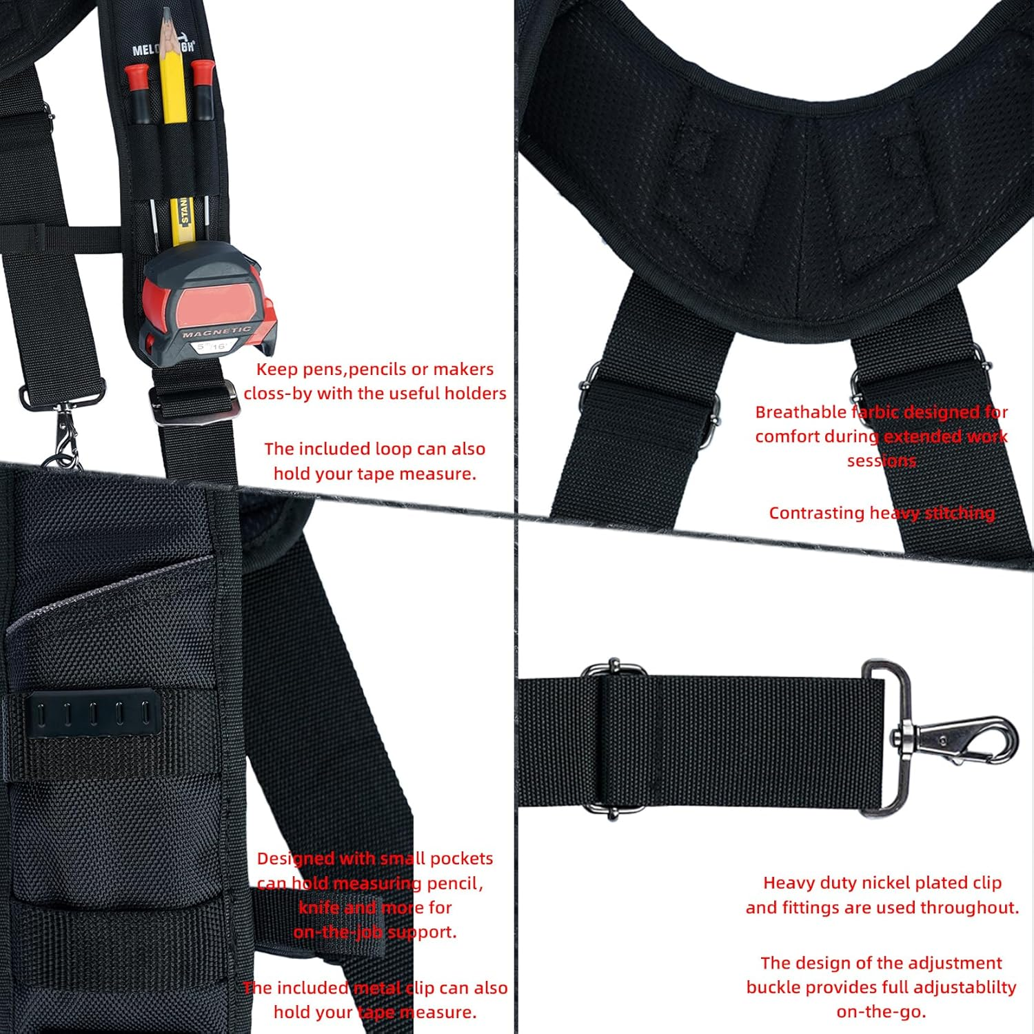MELOTOUGH Tool Belt Braces Construction Bag Suspenders Padded Work Belt Suspenders for Carpenter/Electrician/Roofing/Farmer Work Suspension Rig(H Back, Black, Full Size image number 4
