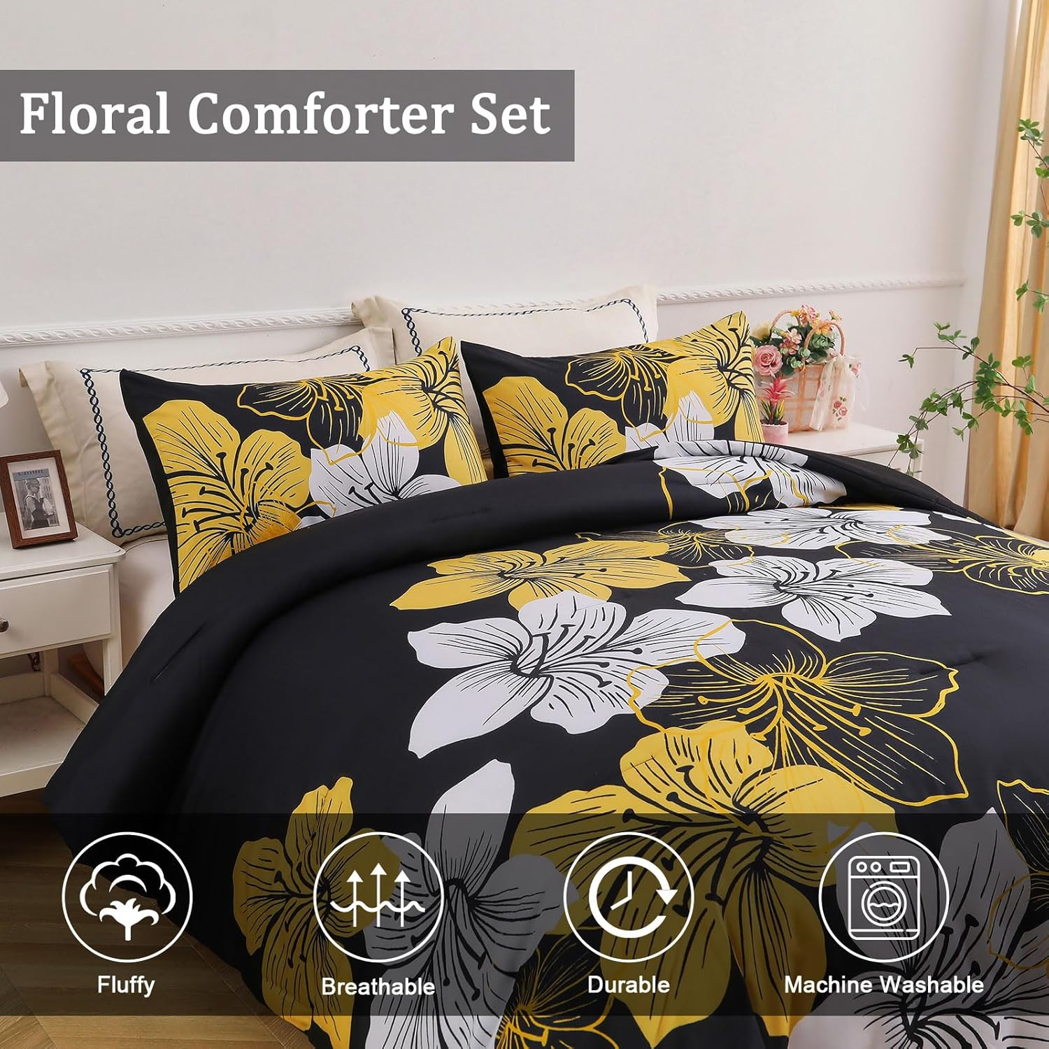 Menghomeus King Size Comforter Set Black/Gold Floral Bedding Comforter Sets Soft Microfiber Bed Comforter Set for All Season 3 Piece Botanical Flowers Comforter, Pillowcases image number 5