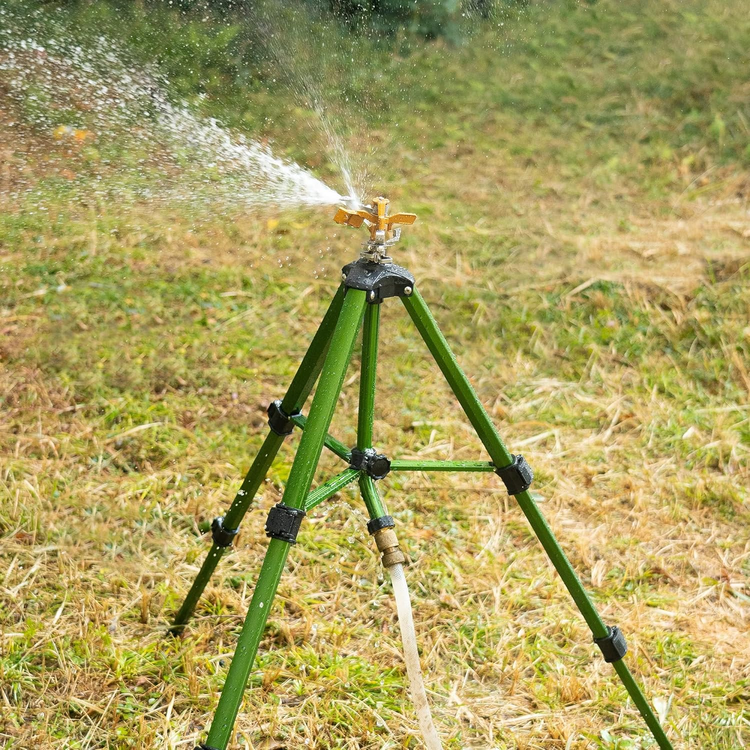 Hourleey Impact Sprinkler on Tripod Base, Heavy Duty Brass Sprinklers for Yard Lawn Garden, 0-360 Degree Large Area Coverage, 3/4 Inch Connector Extension Legs Flip Locks with Brass Sprinkler Head image number 4