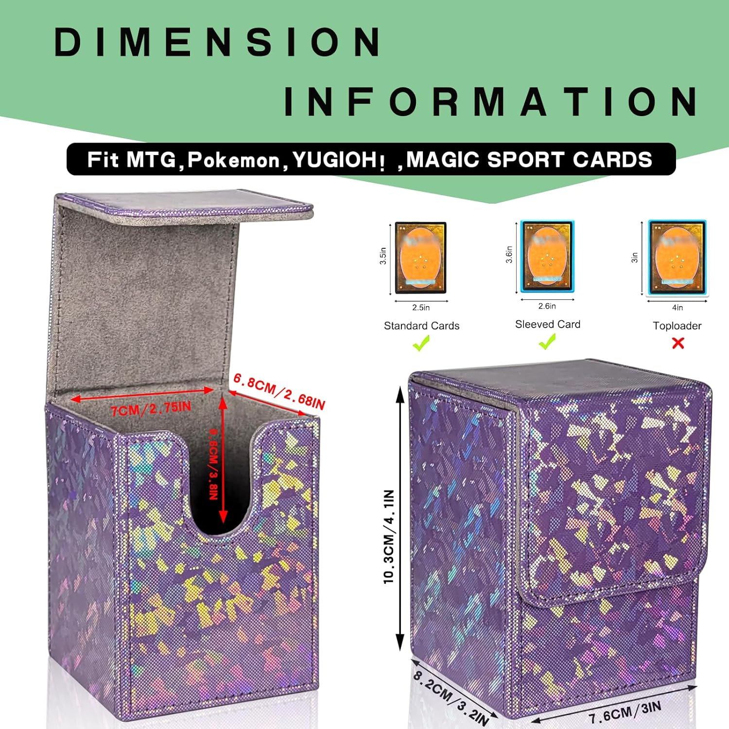 Dmoicols Sparkly Card Deck Box Holds 100+ Single Sleeved Cards,Leather Card Storage Case,Mtg Commander Deck Box with 2 Dividers Fit TCG CCG Magic Cards Vertical (Sparkly Purple Piece) image number 1