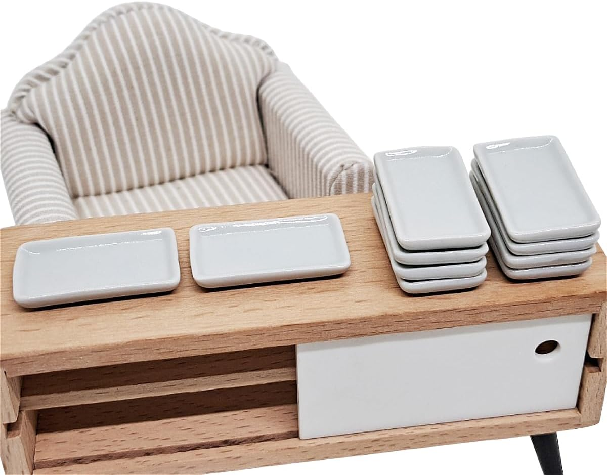Changthai Design Very Tiny 1&frac14;" Long White Rectangle Ceramic Serving Tray 10 Pieces Set - Miniature Tableware Plate Crockery Cutlery Kitchenware Handmade Mini Porcelain Decorative Collectible Gifts image number 6
