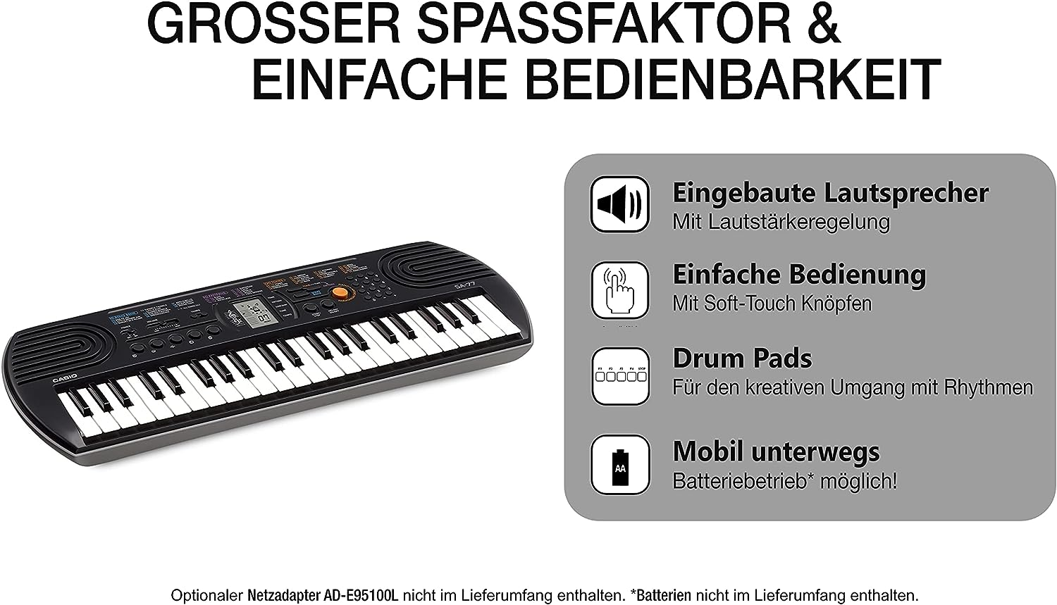 Casio 44 Note Mini Key Musical Keyboard, Black/Grey, (SA77) image number 1