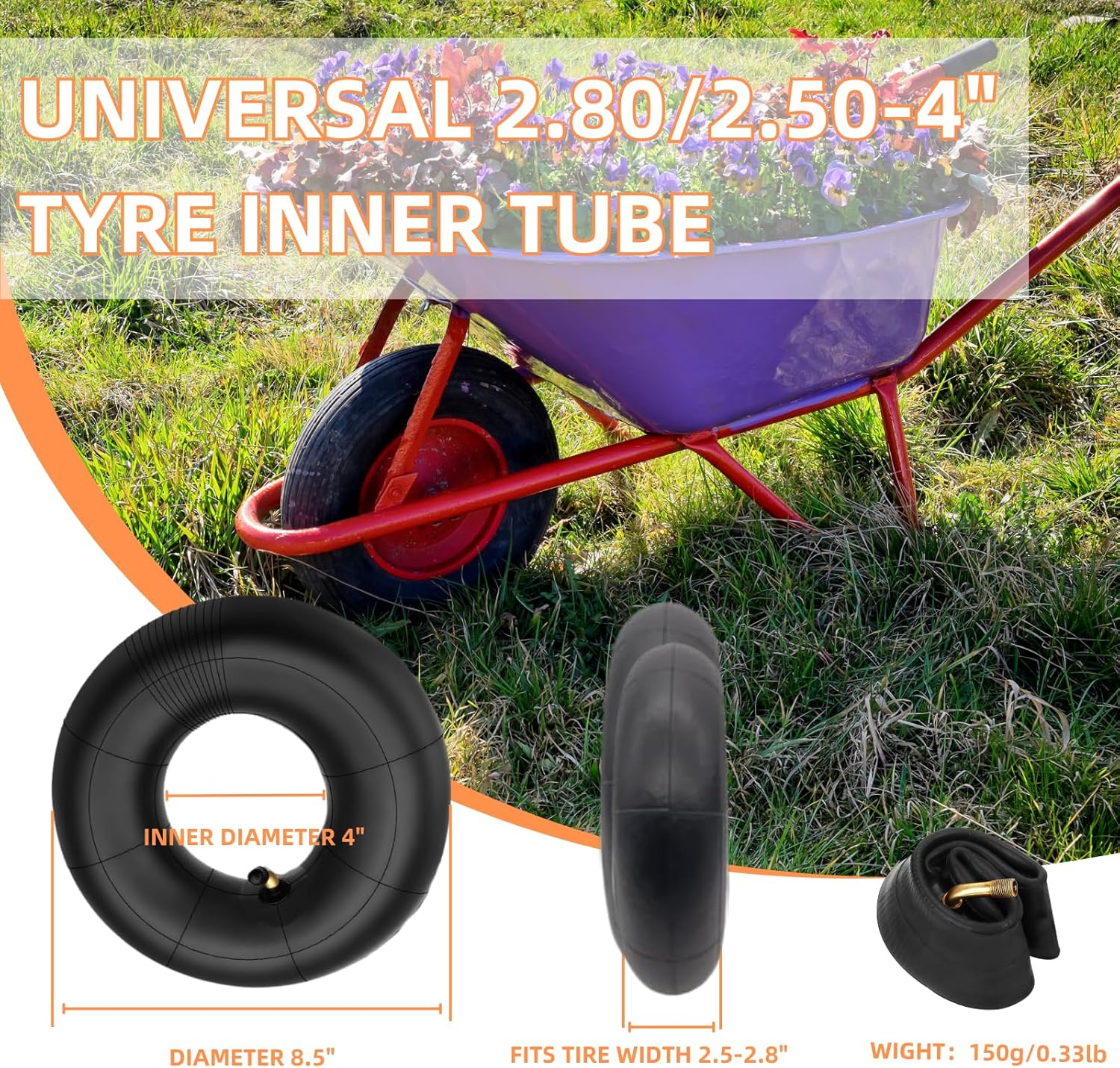 2 Pack 2.80/2.50-4 Inner Tube 280/250-4 2.80-4 2.50-4 280-4 250-4 Tire with Bent Valve Stem for Wheelbarrows, Scooters, Hand Trucks, Lawn Mowers, Dollies image number 5