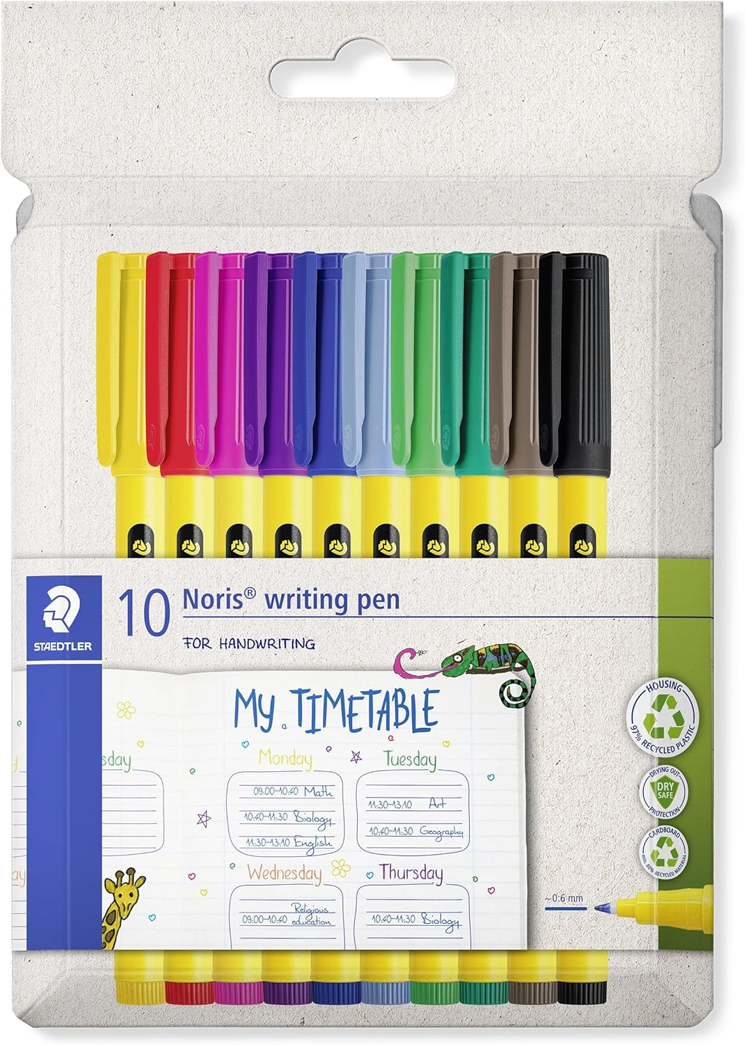 STAEDTLER Noris Writing Pen 307 Fineliner, Housing Made from 97% Recycled Plastic According to ISO 14021, Box of 6 Fineliners in Assorted Colours, 307 SB6
