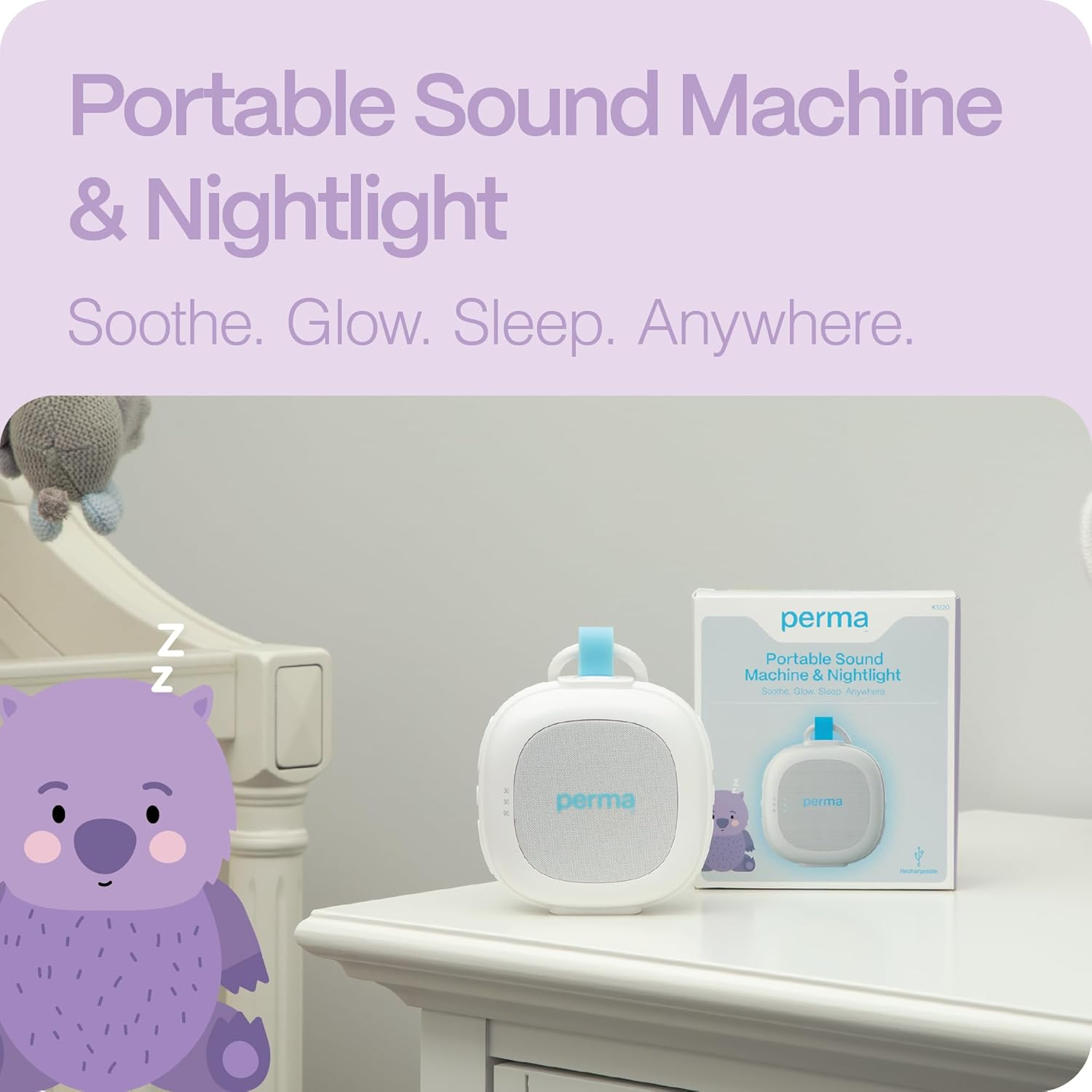 Perma Portable Sound Machine & Night Light, Multiple Soothing Sounds, Adjustable Volume, Rechargeable, Pram/Car Seat/Crib Attachment, Sound-Sensor Auto Restart, 30/60/90 Min Timer, Soft Nightlight for Feeds image number 1