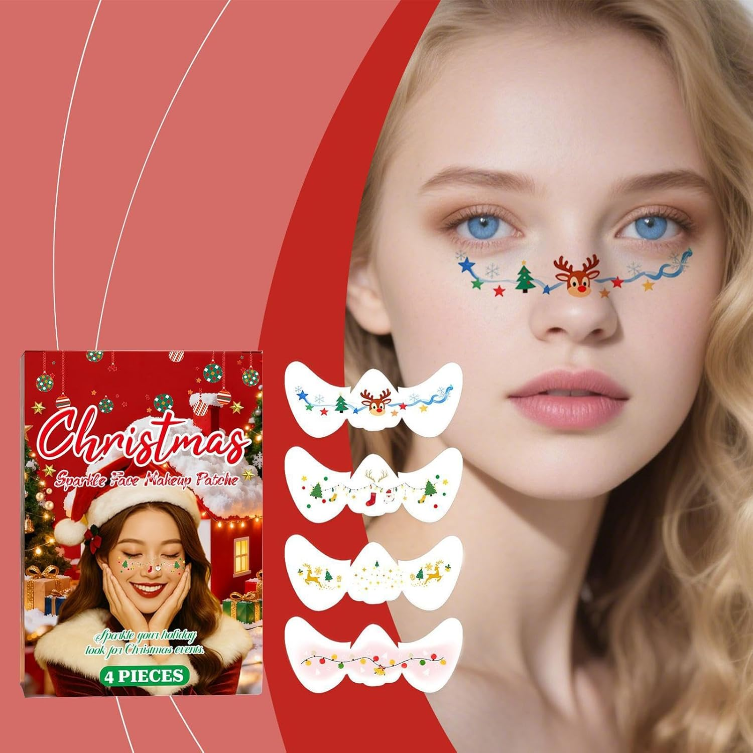 4-Piece Christmas Glitter Freckle Waterproof Face Gems Pre-Designed Shapes Gentle Adhesive Easy Water Removal for Girls Teens Holiday Party Festival Cosplay Celebration Event Masquerade image number 4