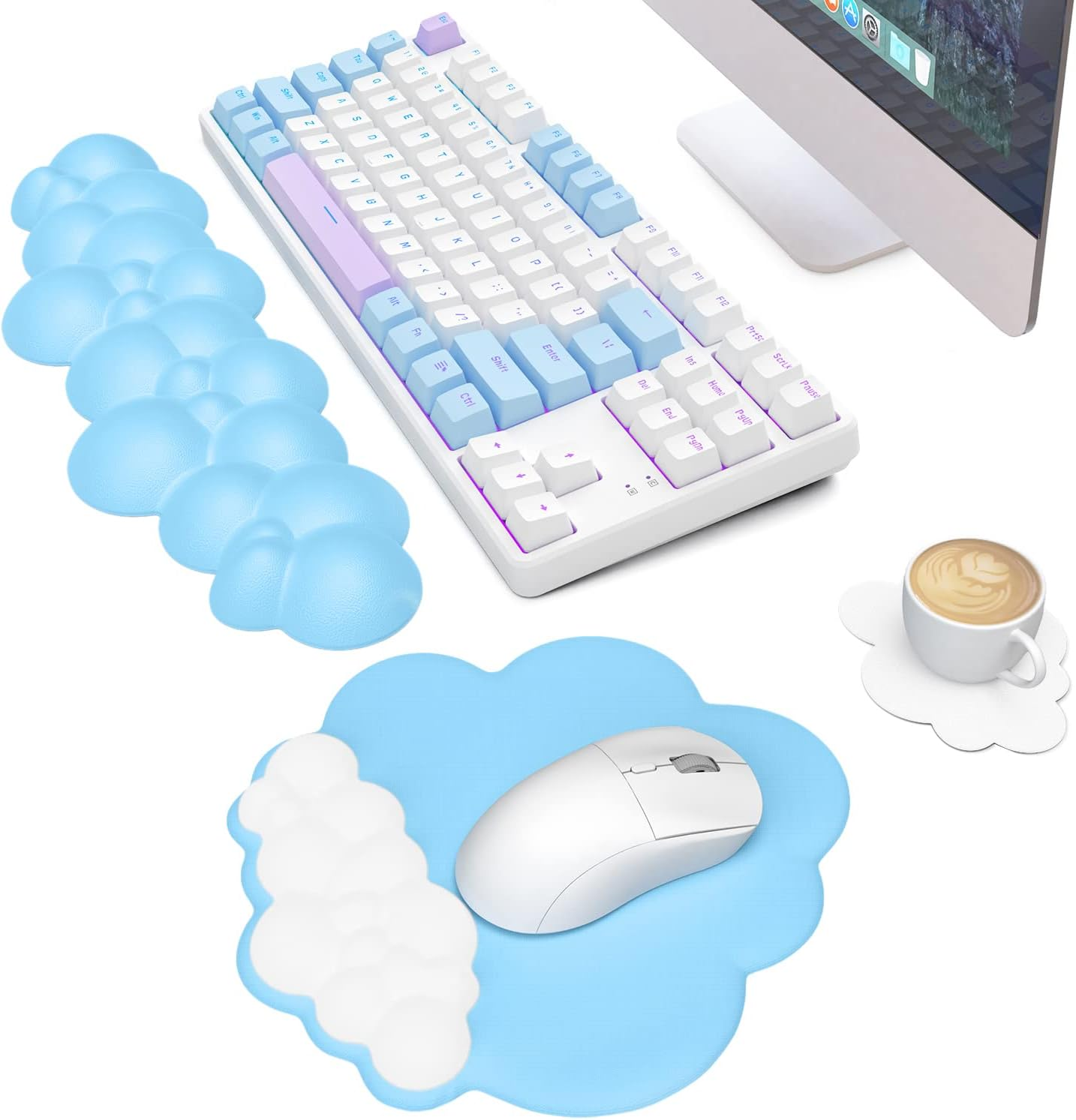 MANBASNAKE Cloud Mouse Pad Wrist Support Keyboard Wrist Rest Set with Ergonomic Memory Foam,Non-Slip Base,Cloud Coasters for Home,Office,Laptop,Desktop Computer,Easy Typing Pain Relief- White