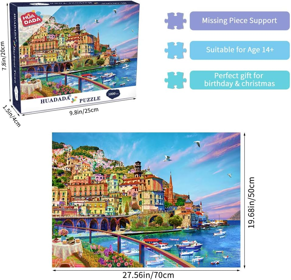 HUADADA Jigsaw Puzzles for Adults 1000 Pieces, Puzzles for Adults 1000 Piece, Challenging Game Toys, Impossible Puzzle, Family Decoration Puzzle - Beach Town image number 4