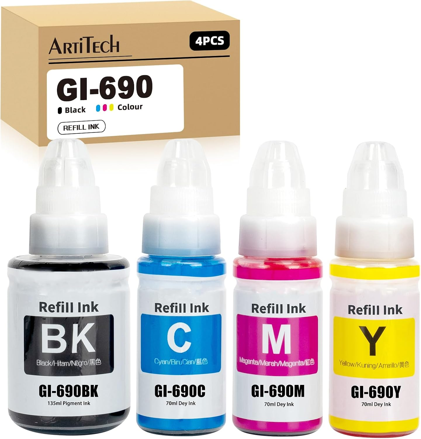 Artitech GI 690 Ink Bottle Replacement for Canon GI-690 for Canon PIXMA G2600 G3600 G3610 G4600 G4610 Printers (1B 1C 1M 1Y) image number 5