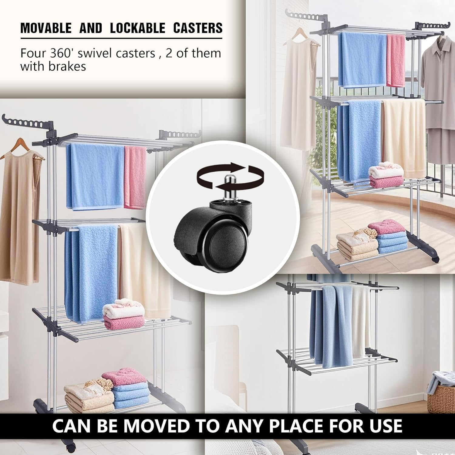 Drying Rack, 4-Tier Foldable Drying Rack with 4 Wheels for Drying Sheets, Towels and Clothes (67" High) Gray