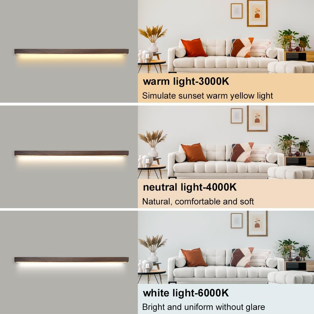 LED Linear Wall Light Walnut Wall Sconce Long Strip Vanity Wall Lamp, Minimalist Wood Wall Sconces Hardwired Lighting Fixture for Mirror Bedroom Living Room Hallway 3 Color Mode XXZ image number 6