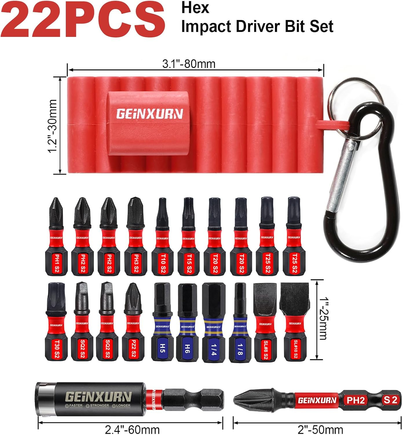 Geinxurn 22 Pieces Impact Screwdriver Bits Set with Organizer Sleeve, Magnetic (PH1,PH2,PH3,T10,T15,T20,T25,T30,SQ2,PZ2,H5,H6,H1/4,H1/8,SL#8,SL#10) S2 Steel Multi Driver Bits image number 5