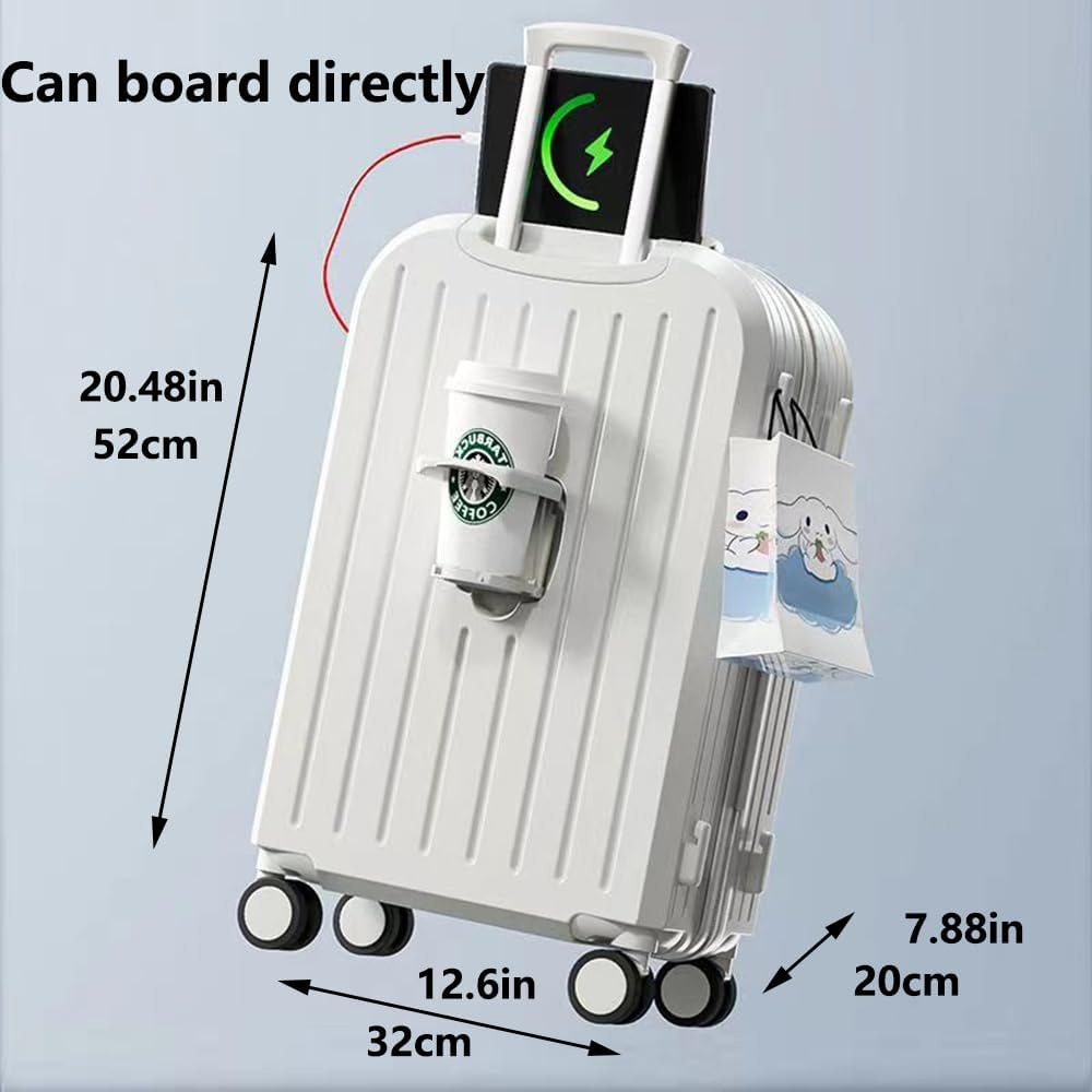 Hbluefat Carry on Luggage with Cup Holder and USB Charge Port,20 Inch Hardshell Suitcase with Spinner Wheels for Travel,Business,School (White) image number 5