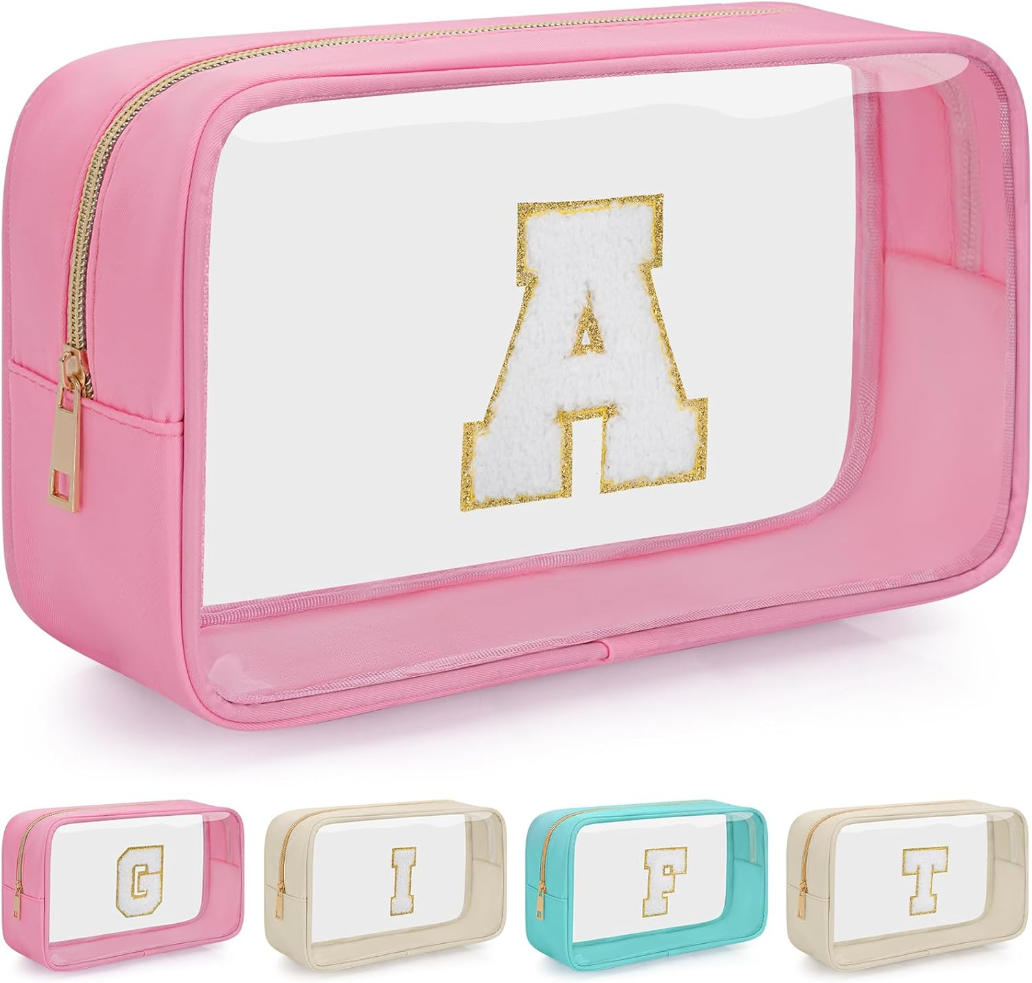 WELIDAY Personalized Initial Makeup Bag, Travel Chenille Patch Cosmetic Bag, Preppy Corduroy Toiletry Bag Monogram Cosmetic Pouch with Zipper, Ideal Gift for Teen Girls Women (Ivory White, V)