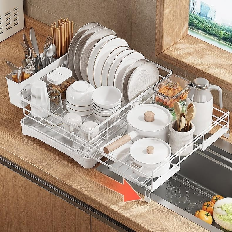 Dish Drying Rack Expandable Dish Drainers for Kitchen Counter,Over the Sink Dish Drainer Drying Rack,Rustproof Dish Drainer with Utensil Holder and Drainboard (White) image number 3